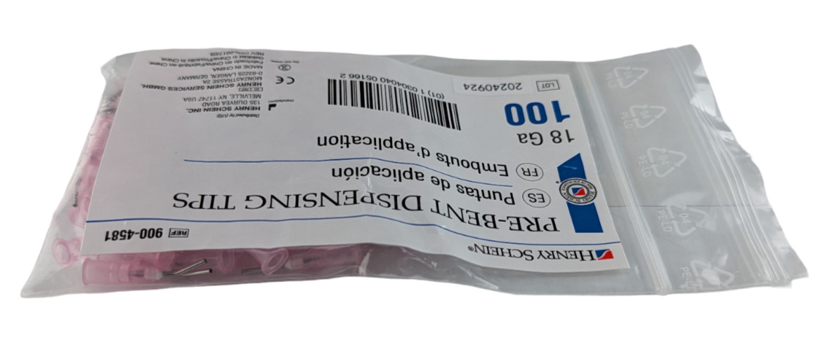 Henry Schein 900-4581 18 Ga Pre-Bent Dispensing Tips 100 Ct Pink