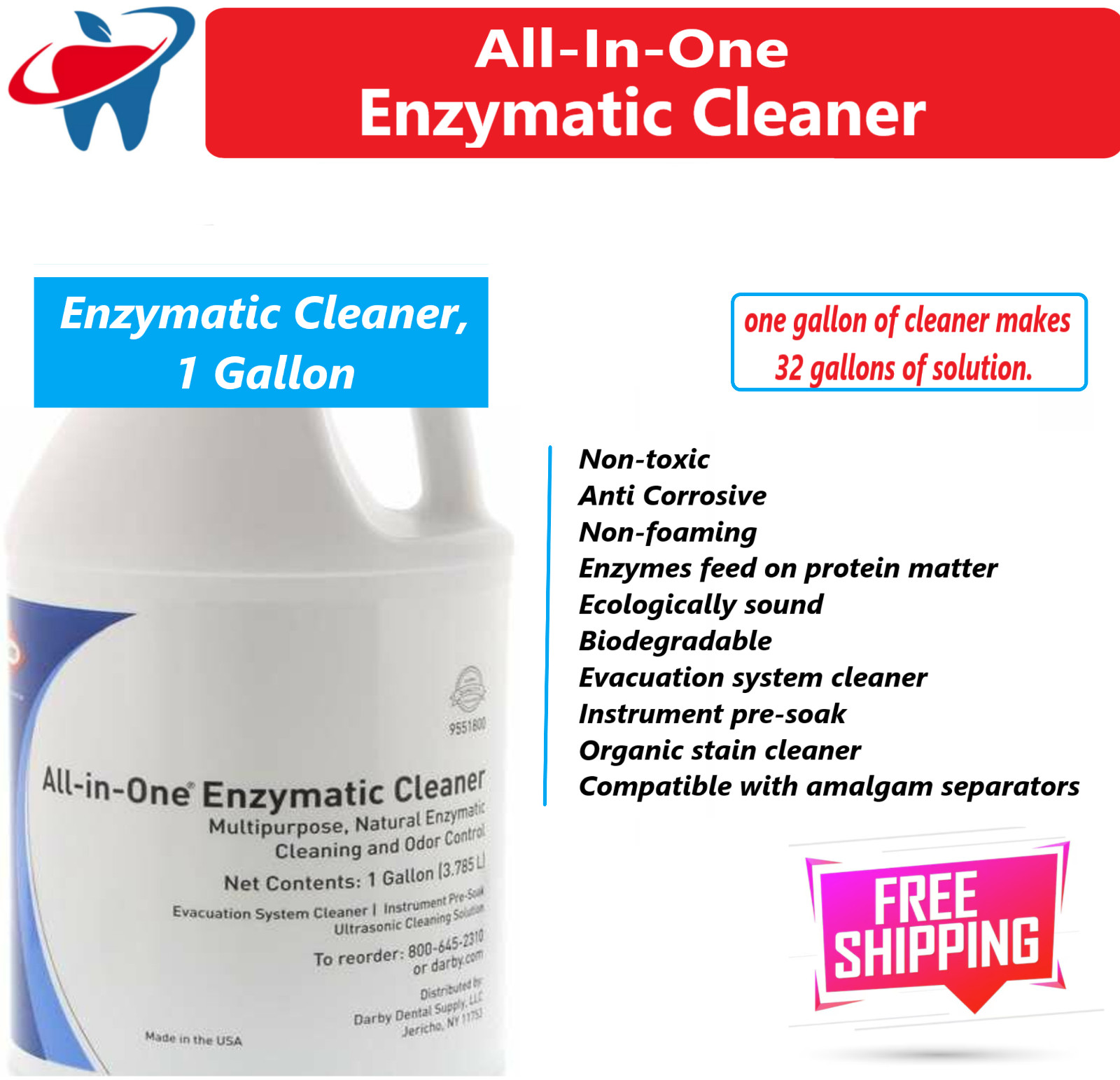 All-In-One Enzymatic Cleaner, Non Corrosive, Instrument pre-soak, Makes 32 Glns