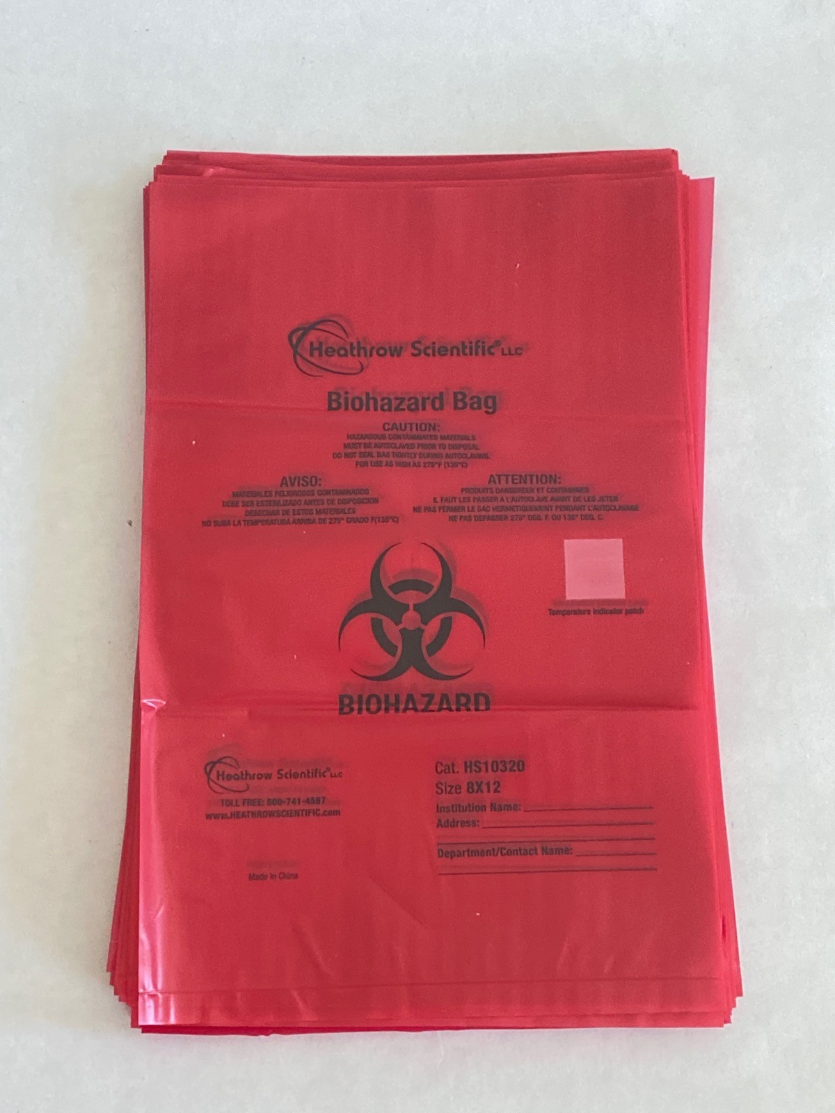 (63) HEATHROW Biohazard Waste Bags 8”x12” English Spanish French HS10320