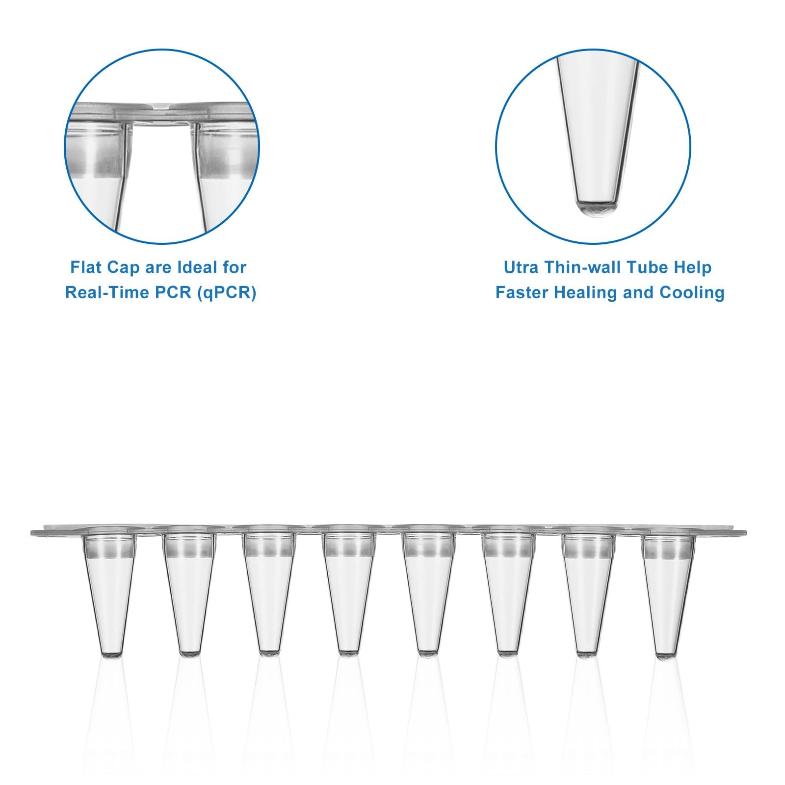 0.1ml 8-Strip PCR Tubes Clear Thin Wall Flat Caps DNase/RNase Free 125 Strips