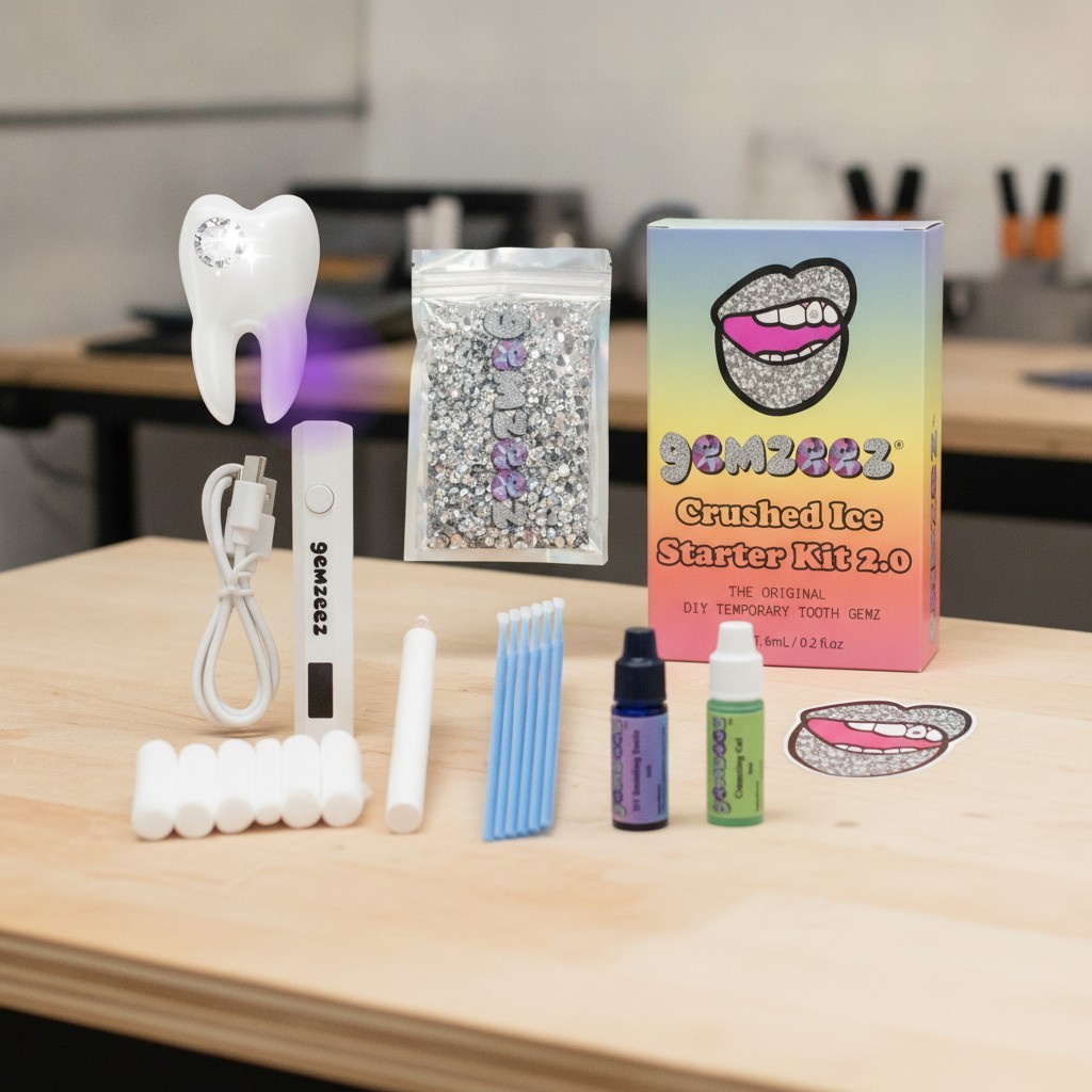 Easy At-Home Tooth Gem Kit – Crushed Ice Rhinestone Gems & UV Light