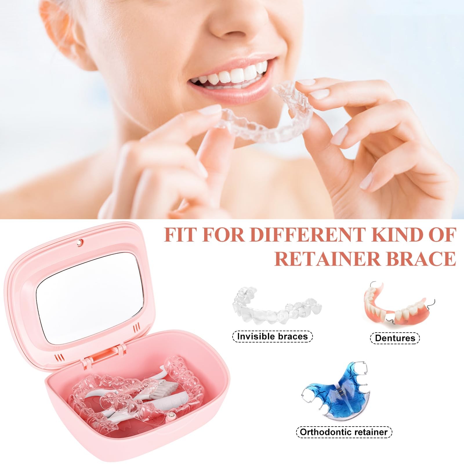 LONGMON Retainer Case With Mirror,Compatible with Invisalign,Vent PINK
