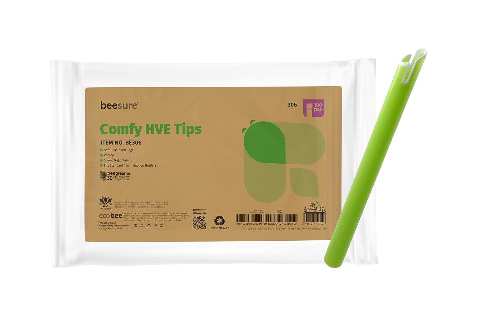 BE306 Comfy HVE Evacuator Tips, Disposable, Vented, Green (Pack of 100)