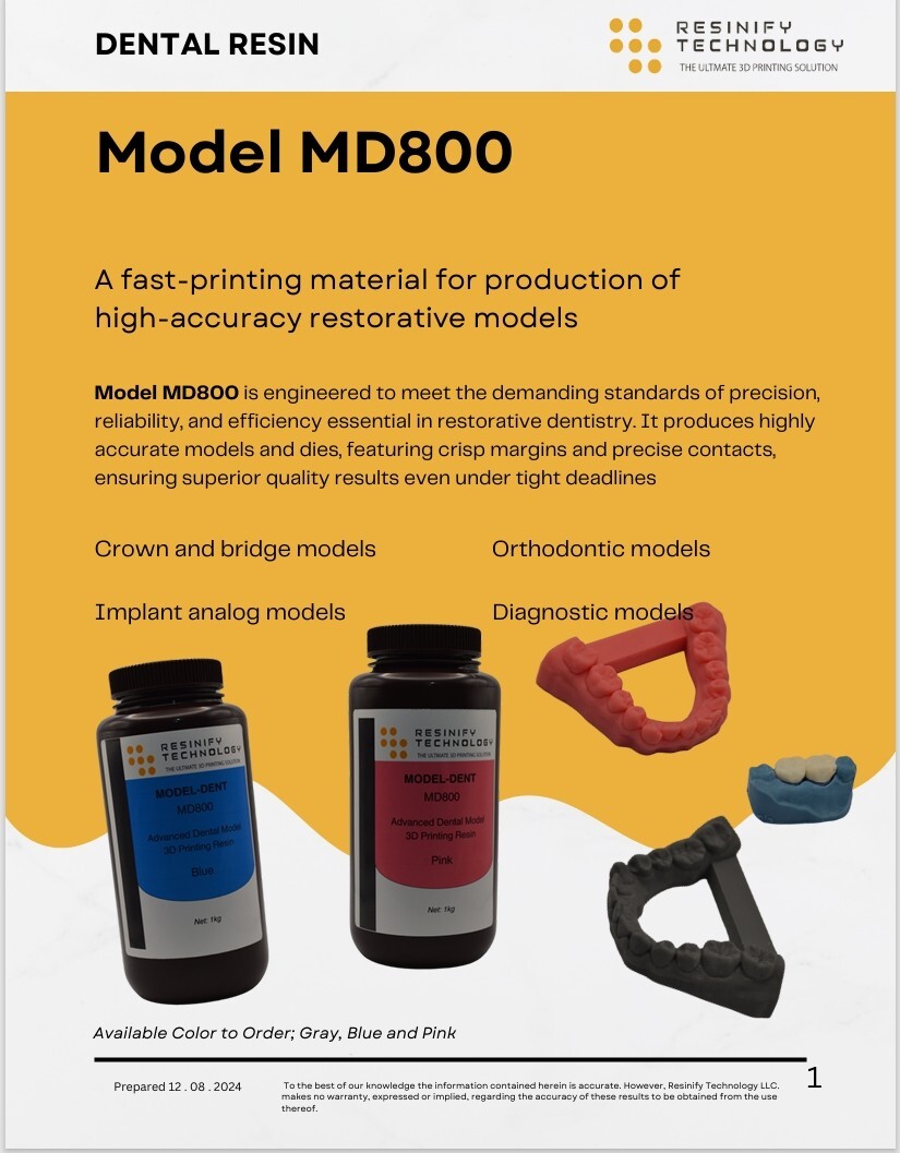 Precision Dental Resin MD800 – For Crowns/Aligners | Low Shrinkage | DLP/SLA