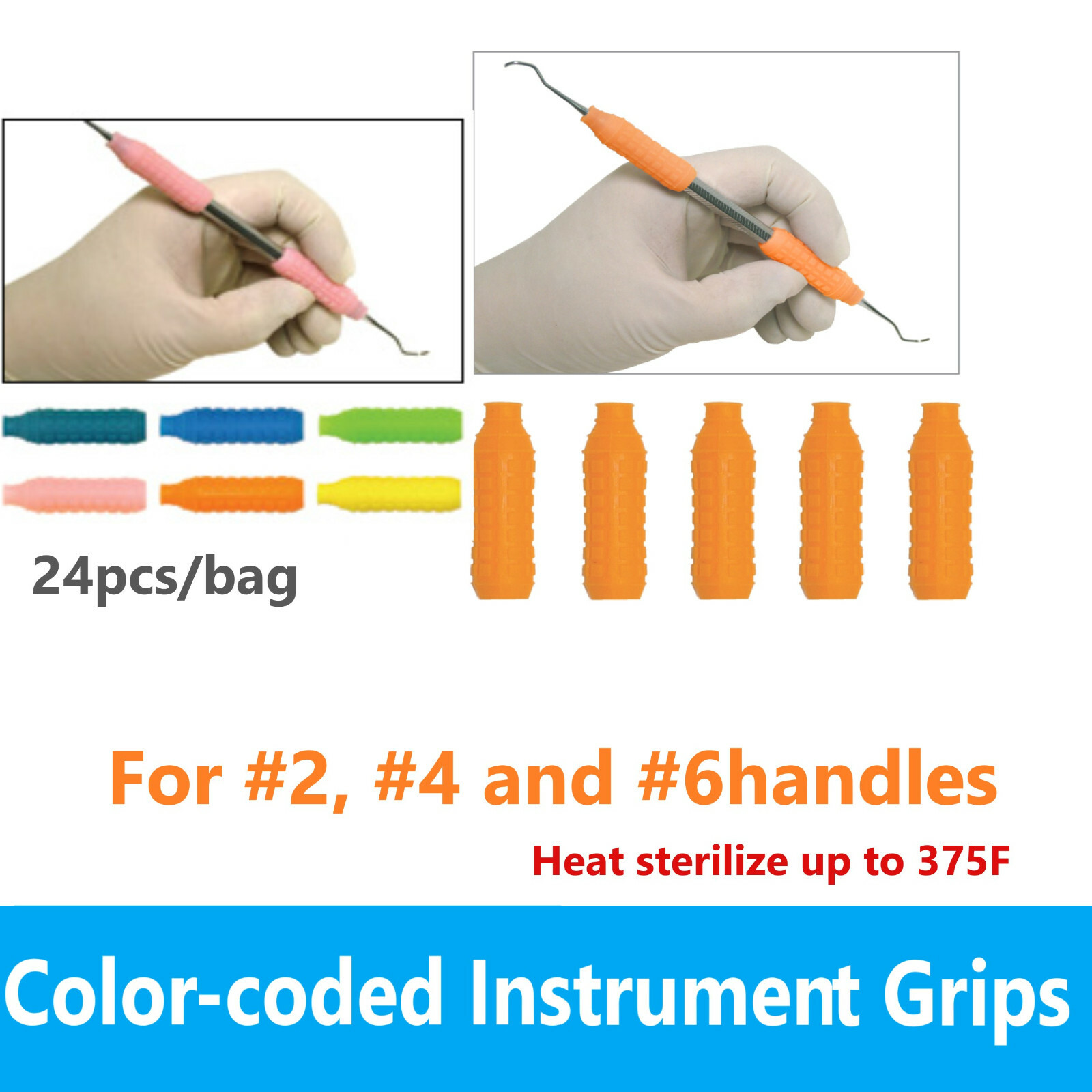 Dental Instrument Grips Silicone Color-Code For #2 #4 and #6 Handles 24/Bx