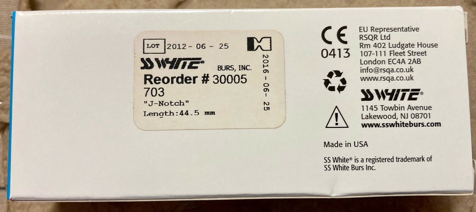 SS White 703 Bur J-Notch 44.5mm #30005 Box of ten Burs Oral Surgery