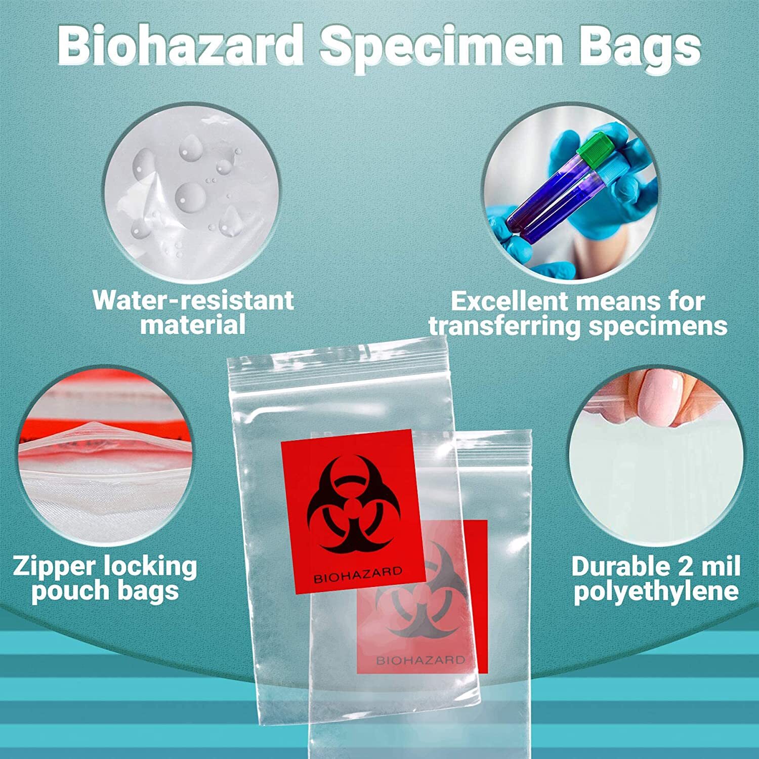 APQ Pack of 100 Biohazard Specimen Bags Black and Red 3 x 5 Zipper Top Plasti…