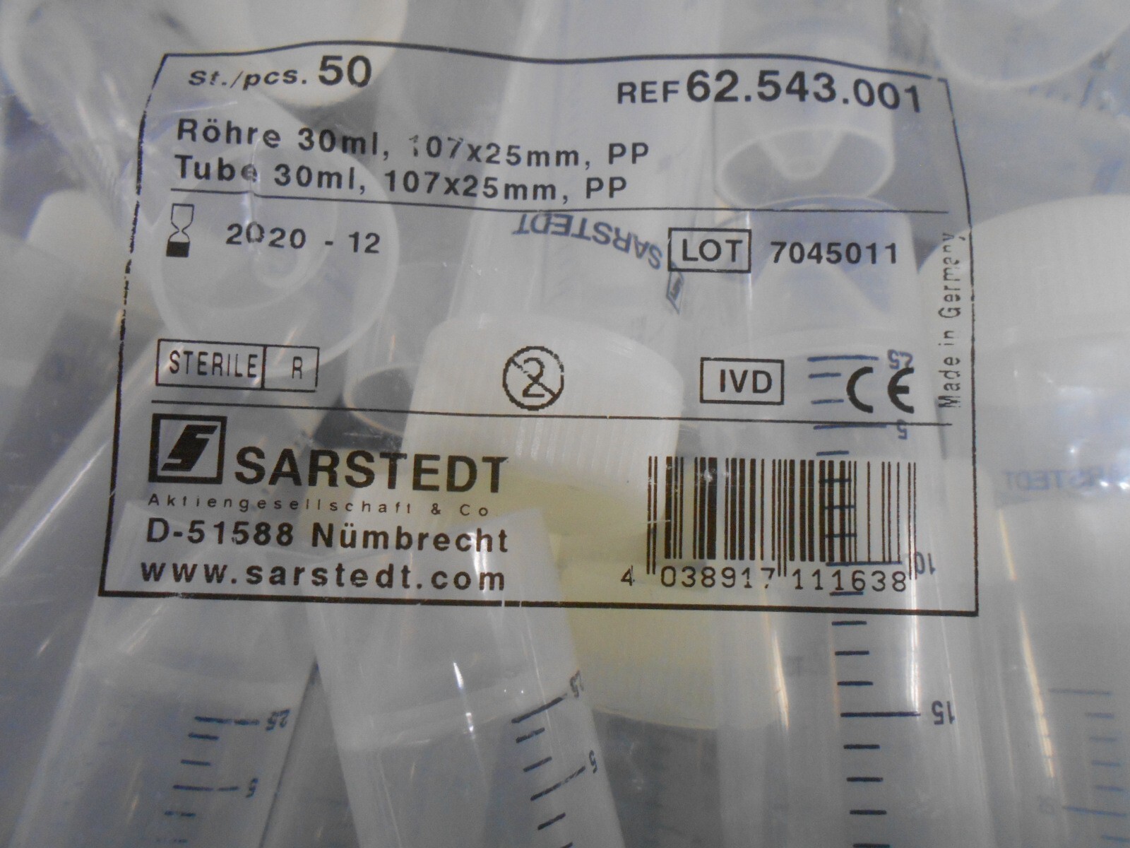 SARSTEDT 62.543.001 30ML SCREW CAP PP TUBES 107 X 25MM 50/BAG BOX OF 200 PCS