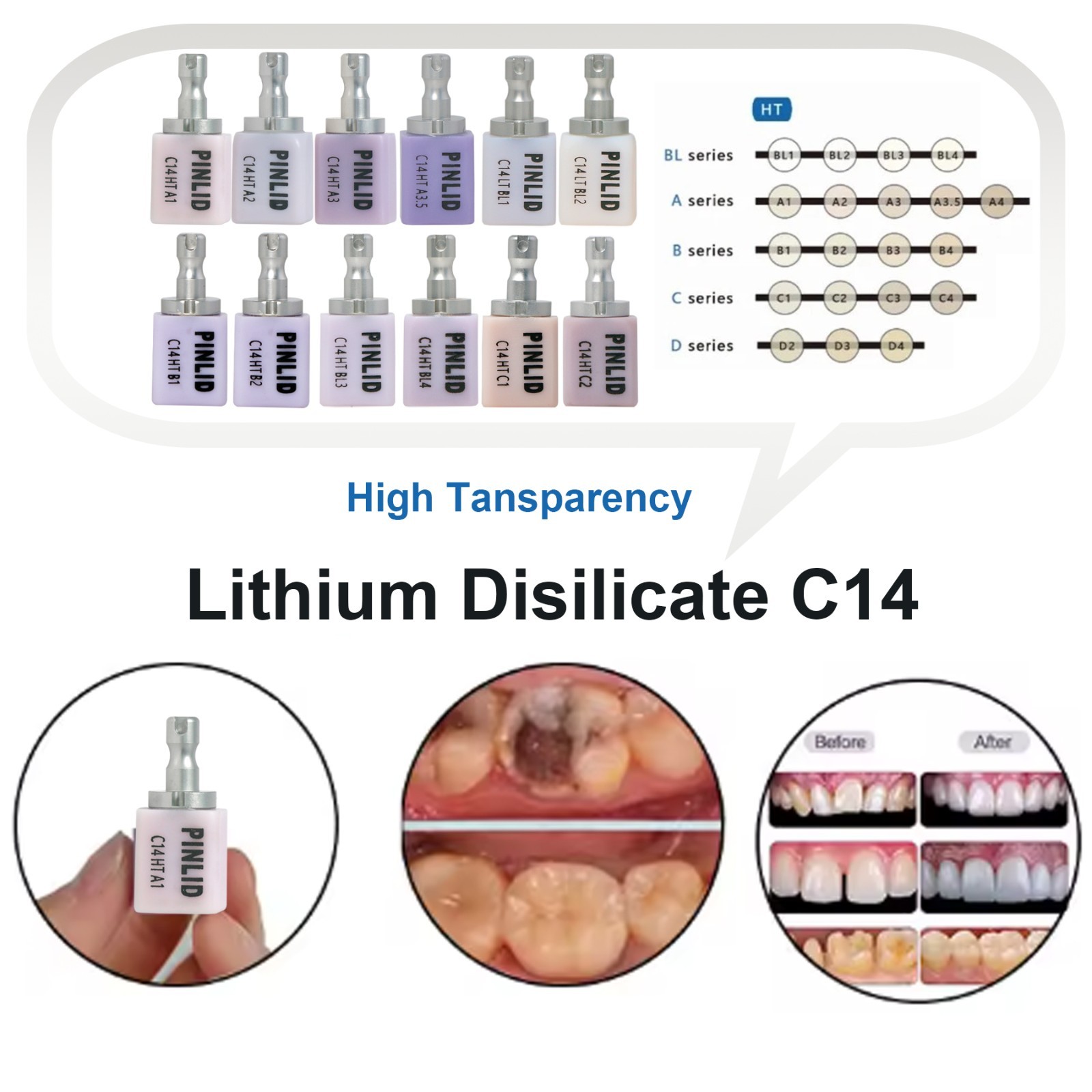 Dental Lithium Disilicate CAD/CAM Block CEREC Compatible HT/LT/MT 5pcs/Box C14