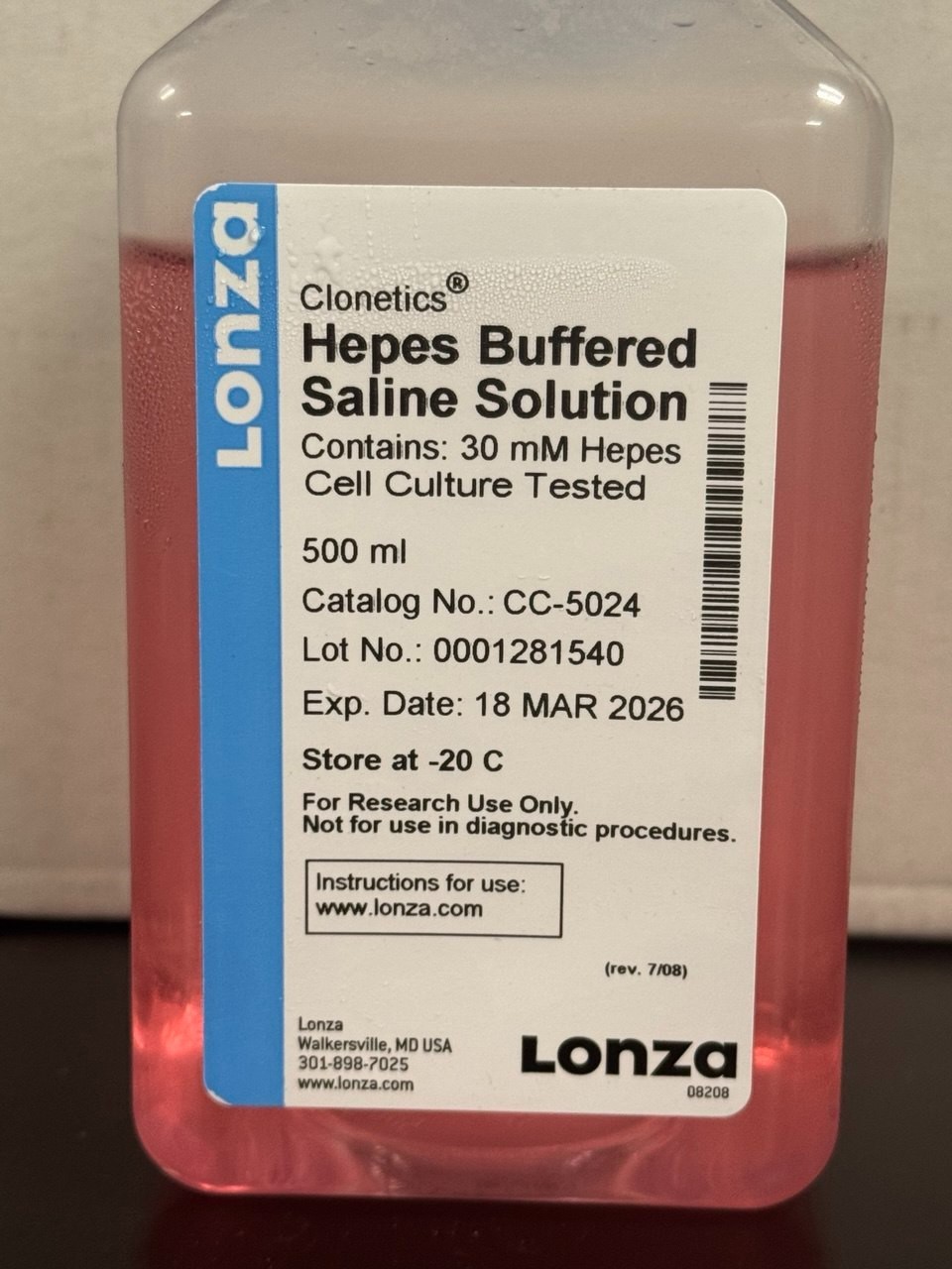 HEPES Buffered Saline Solution, pH7.3, Sterile for cell culture, 500mL, Lonza