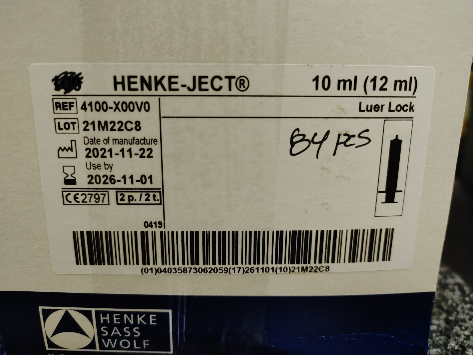 HENKE SASS WOLF 4100-X00V0 84pc HENKE JECT 10ml 12ml Luer Lock 2026-11-01