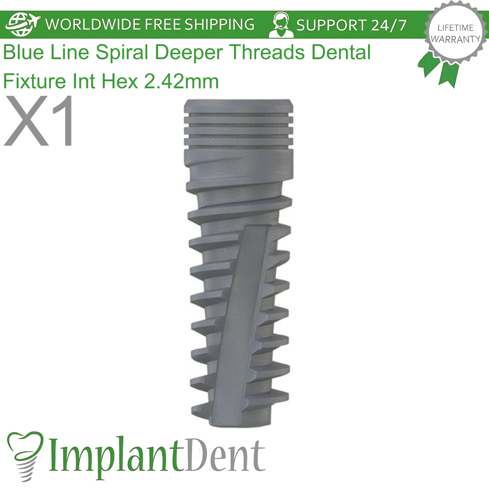 Blue Line Spiral Deeper Threads Dental Titanium Fixture Int Hex 2.42mm