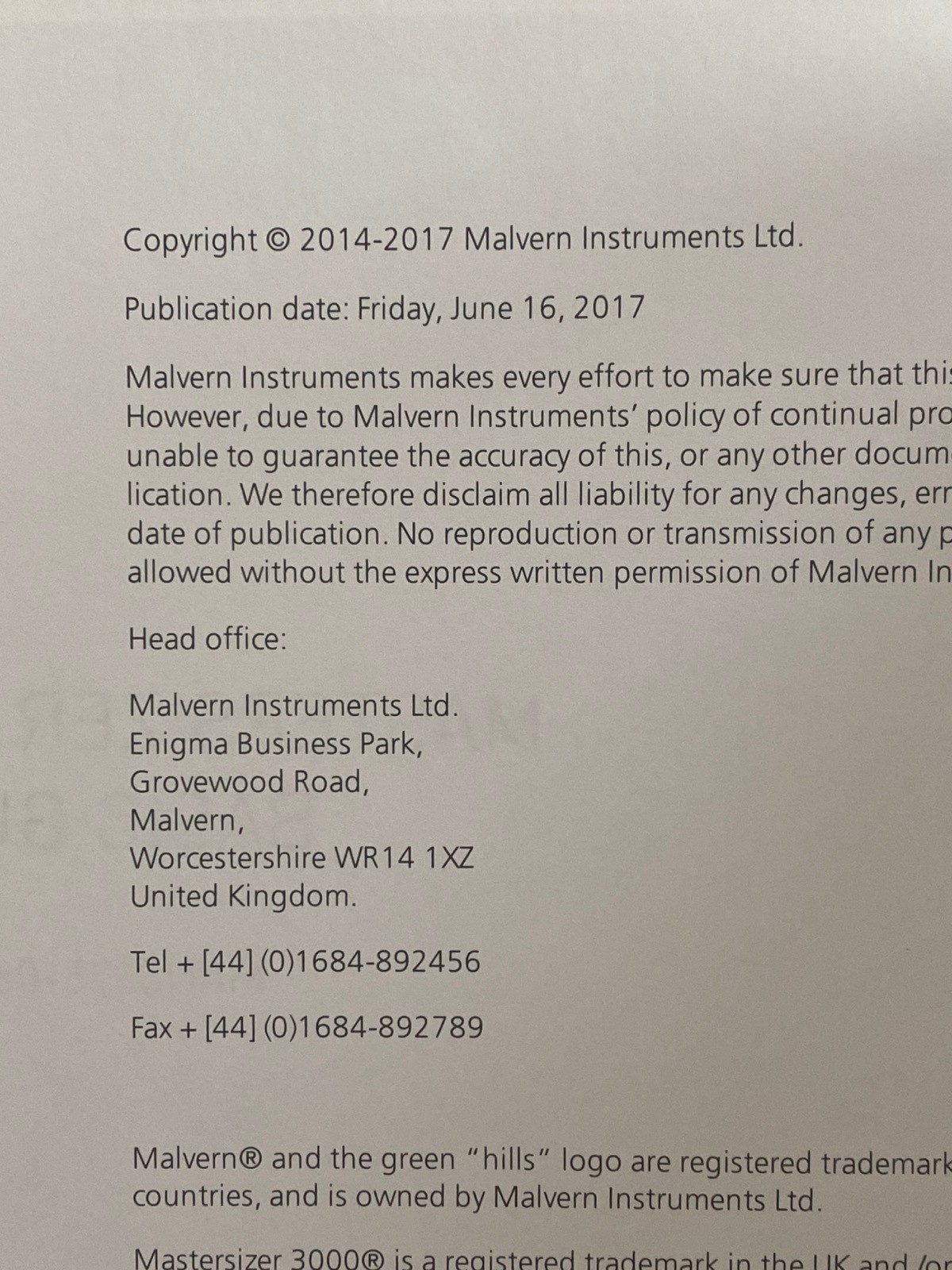 MALVERN Mastersizer 3000 Basic Guide Book Published 2017 Copyright 2014-2017