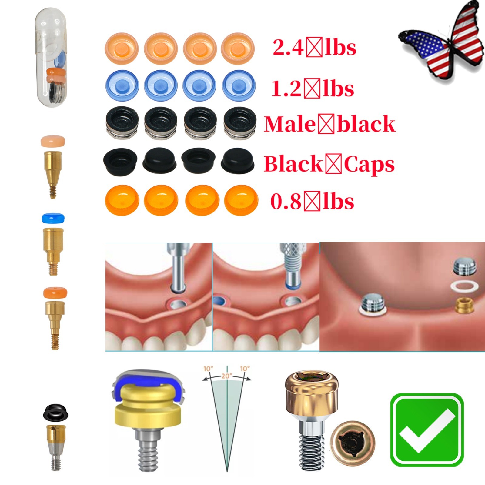 US Locator Overdenture Male Caps 0.8/1.2/2.4lbs PEEK Dental Retention Inserts
