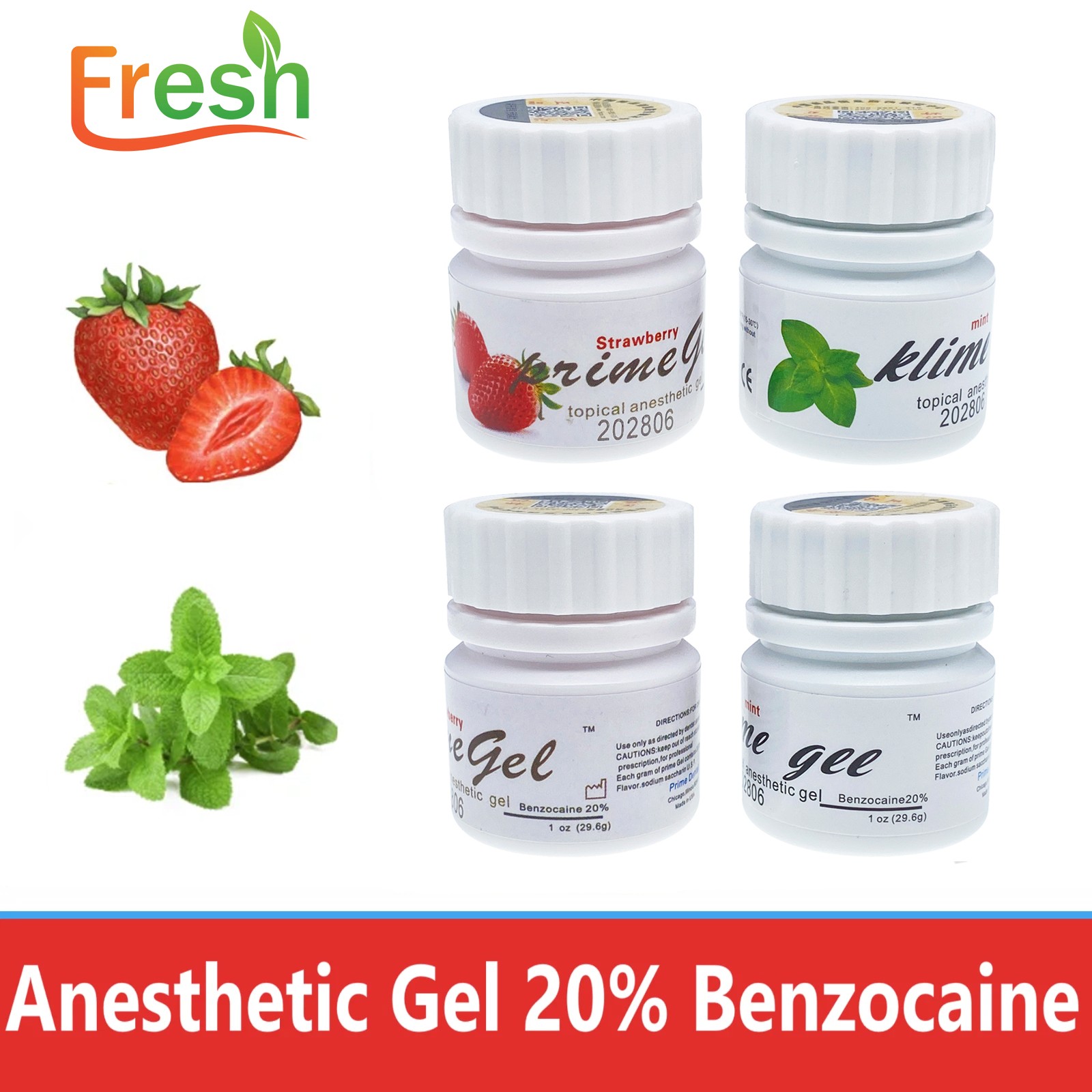 Fresh Dental Topical pain free Gel 20% Benzocaine 1oz Jar , Mint/Strawberry