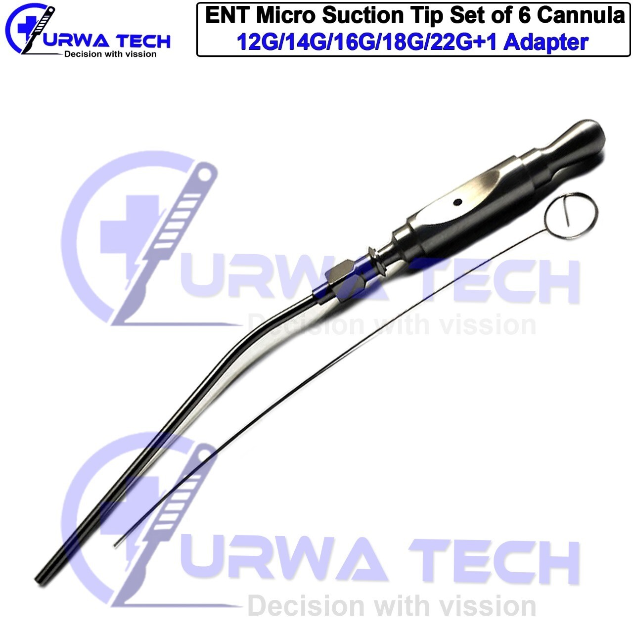 ENT Micro Suction Tip Set of 6 Cannula 12G/14G/16G/18G/20G/22G with Adapter