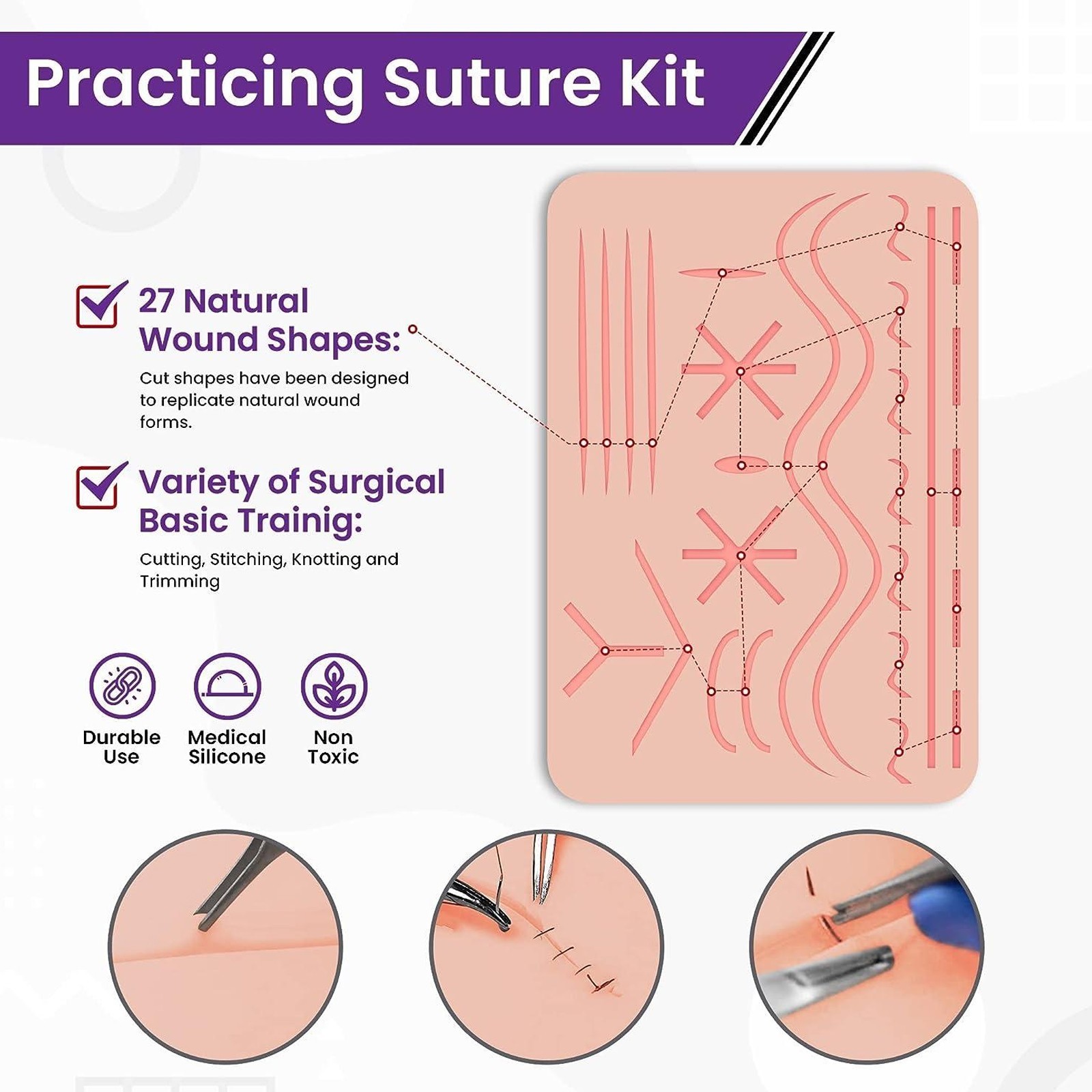 Medical Skin Suture Practice Silicone Pad Wound Simulated Surgical Training Kit