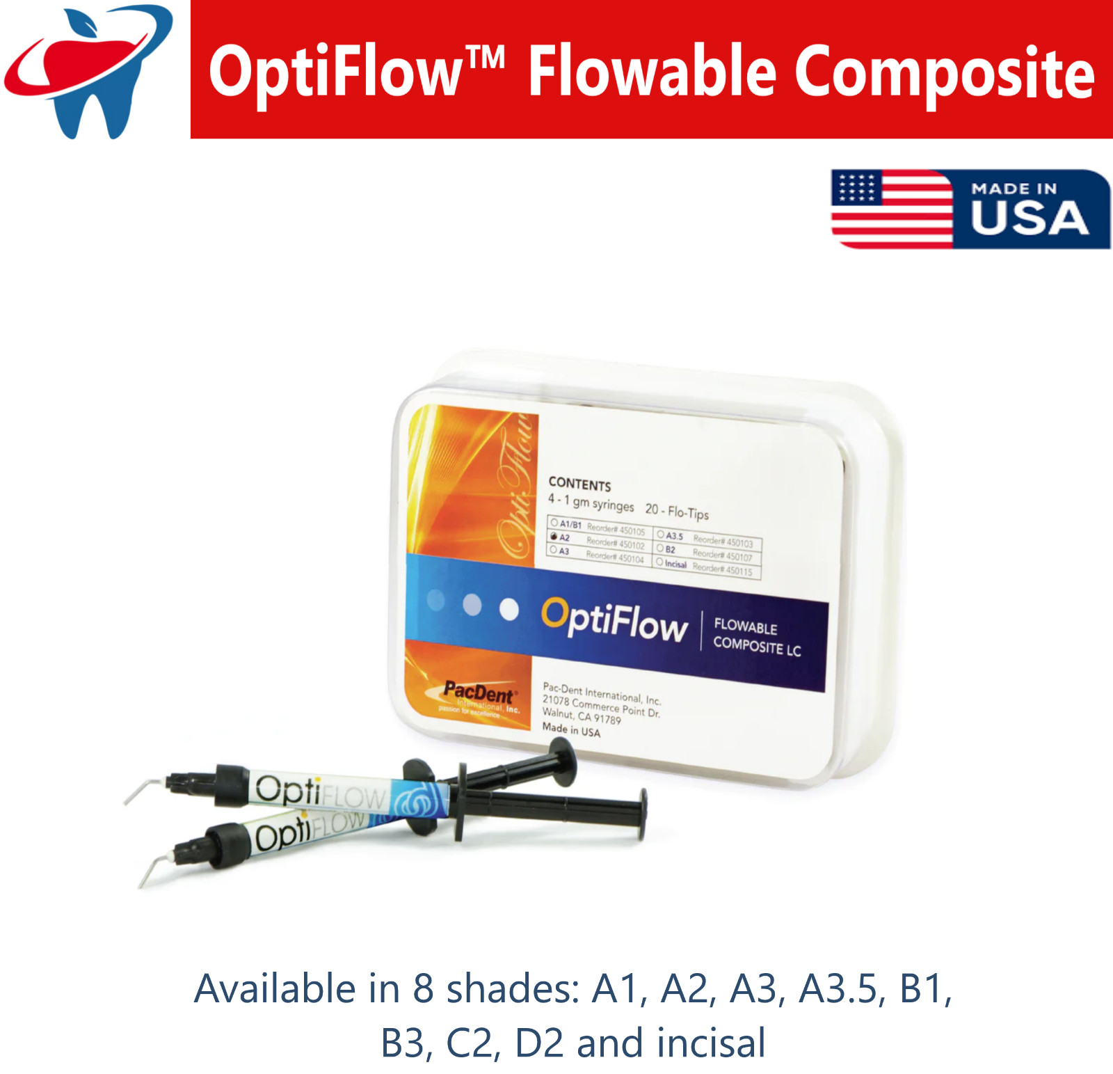 Dental OptiFlow Flowable Composite Light-cure Resin, 4 x 1.5 Syr All Shades, USA