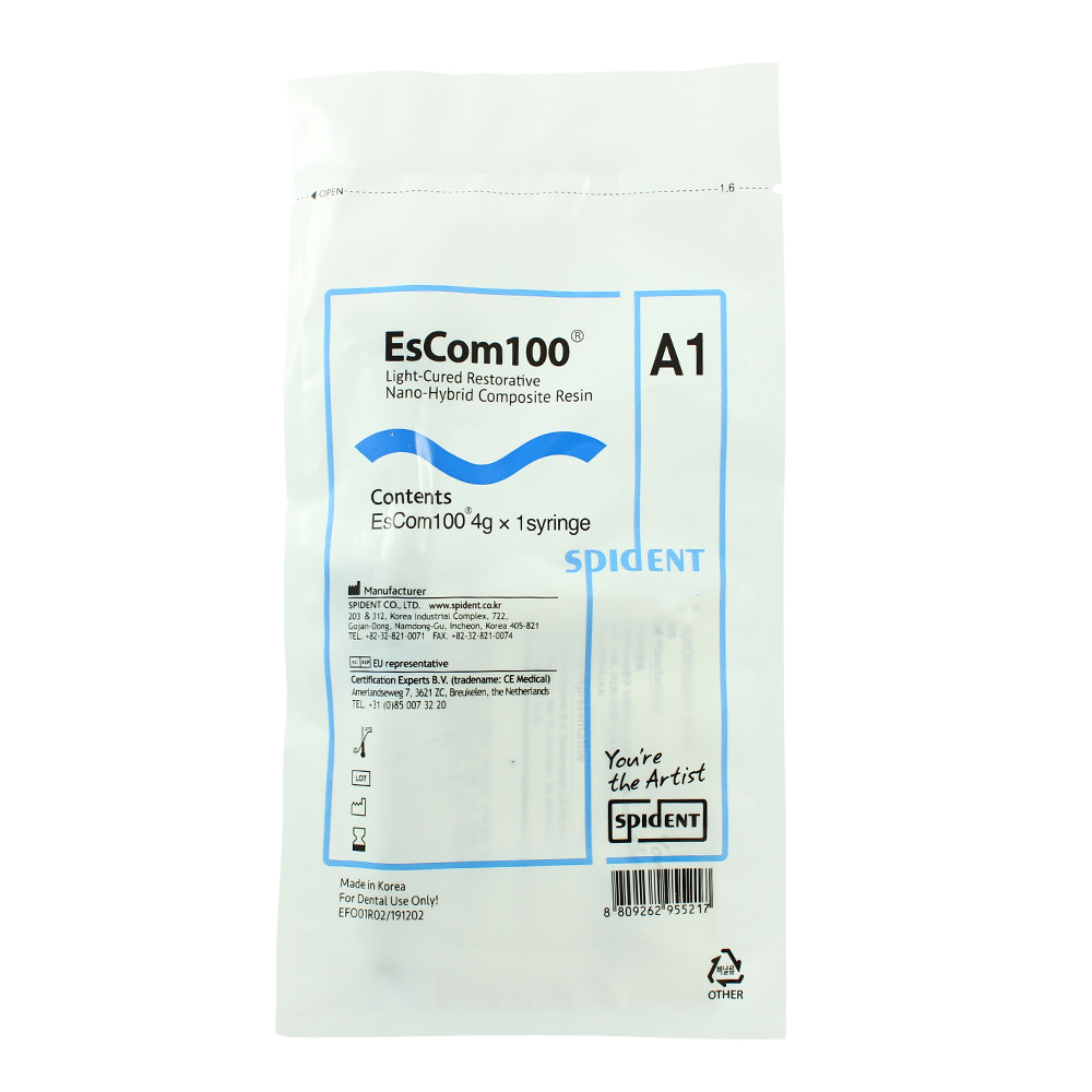 Dental Restorative Nanohybrid Spident EsCom100 Light Cure Composite, Syringe 4g