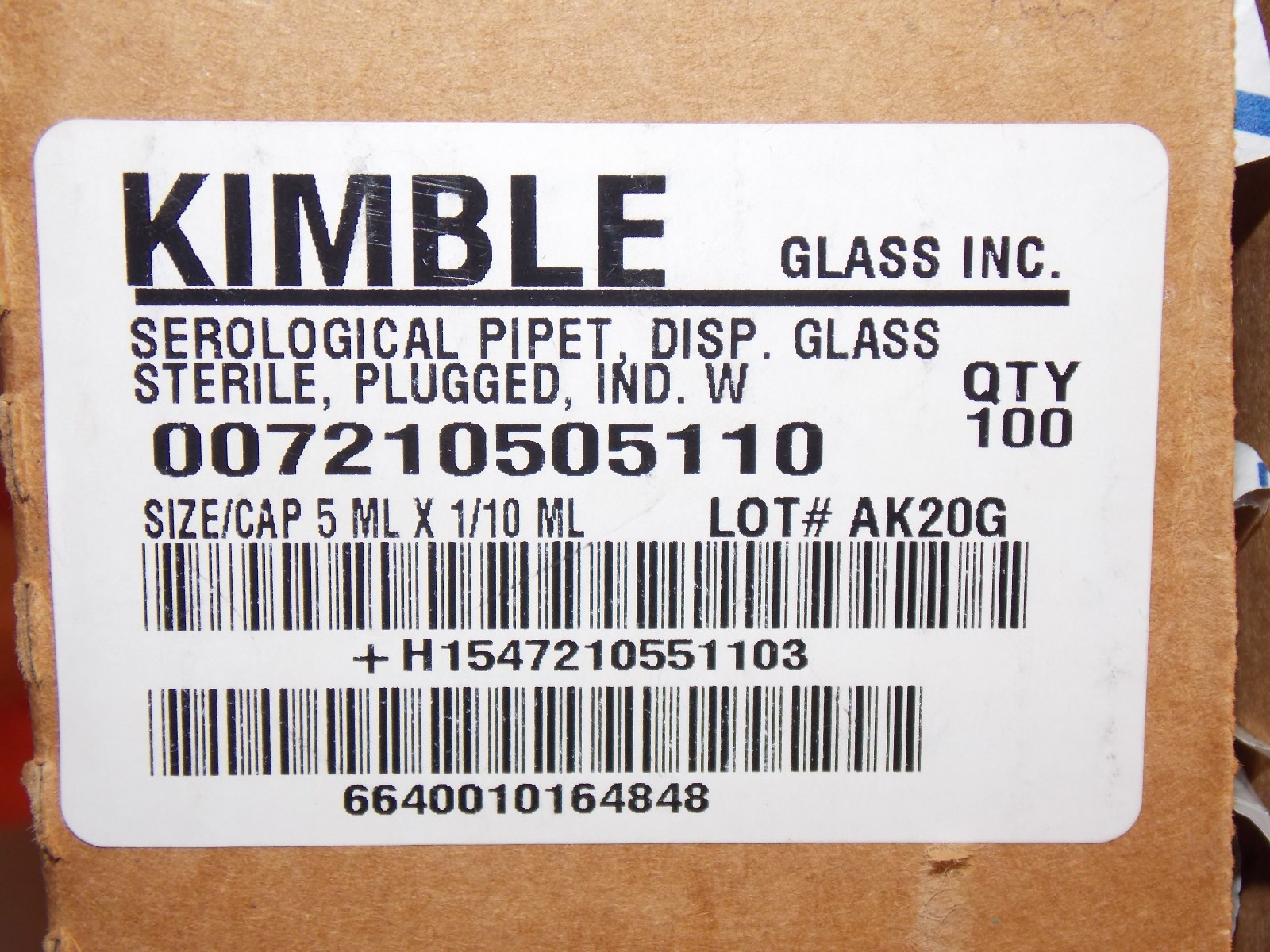 KIMBLE 5ML X 1/10ML SEROLOICAL GLASS PIPETS STERILE, PLUGGED DISPOSABLE, QTY 105