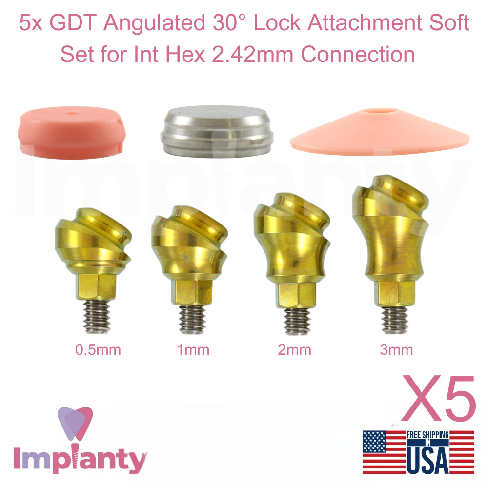 5x Dental Angulated 30° Lock Attachment Soft Set Titanium Int Hex 2.42mm System
