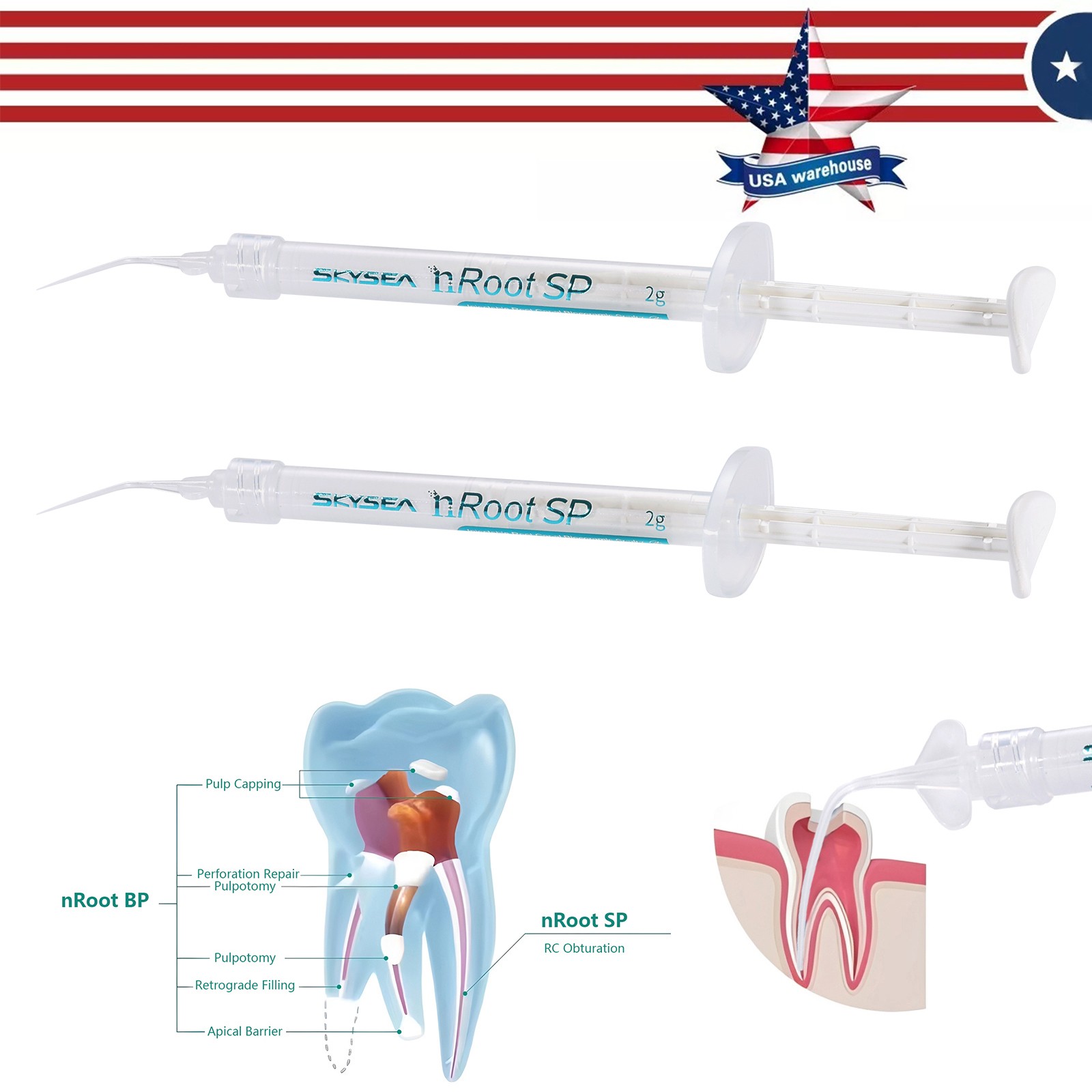 2 x Dental nRoot SP Injectable Root Canal Bioceramic Sealer 2g Syringe + 20 Tips