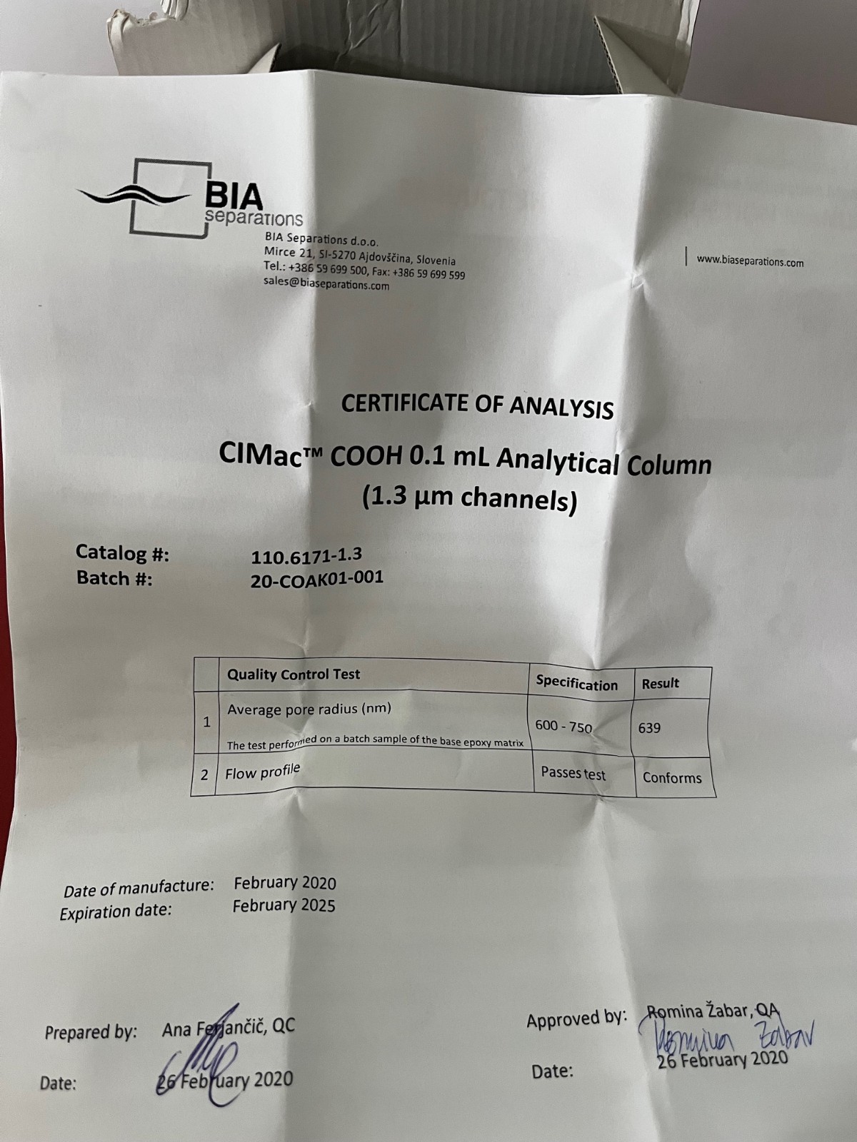 BIA Separations CIMac COOH 0.1 mL Analytical Column 1.3 um channel 110.6173-1.3