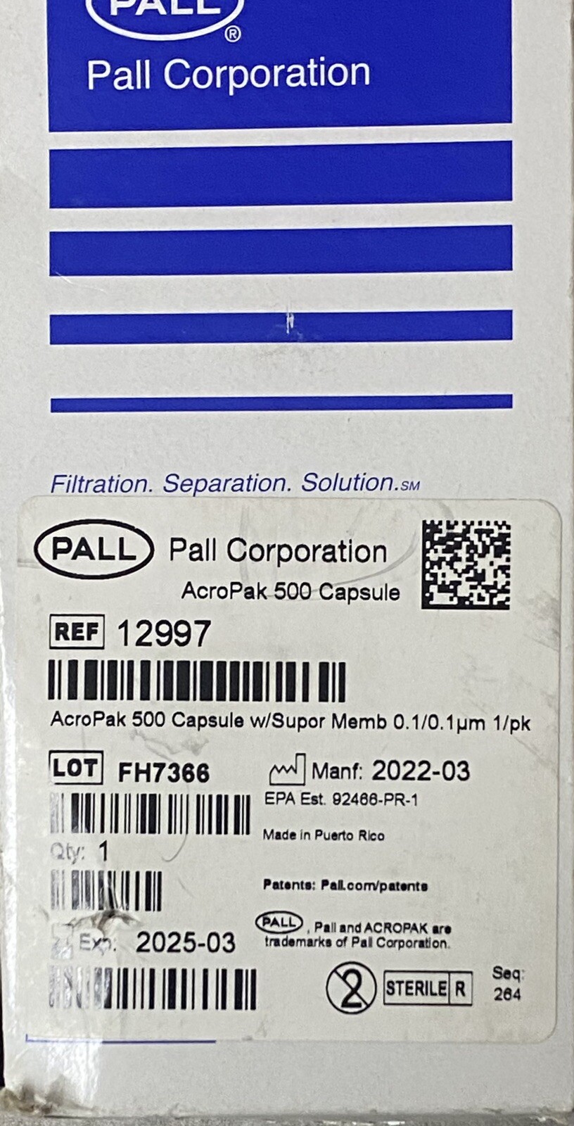 Pall 12997 Acropak 500 0.1/0.1um Capsules with Supor Membrane gamma-irradiated