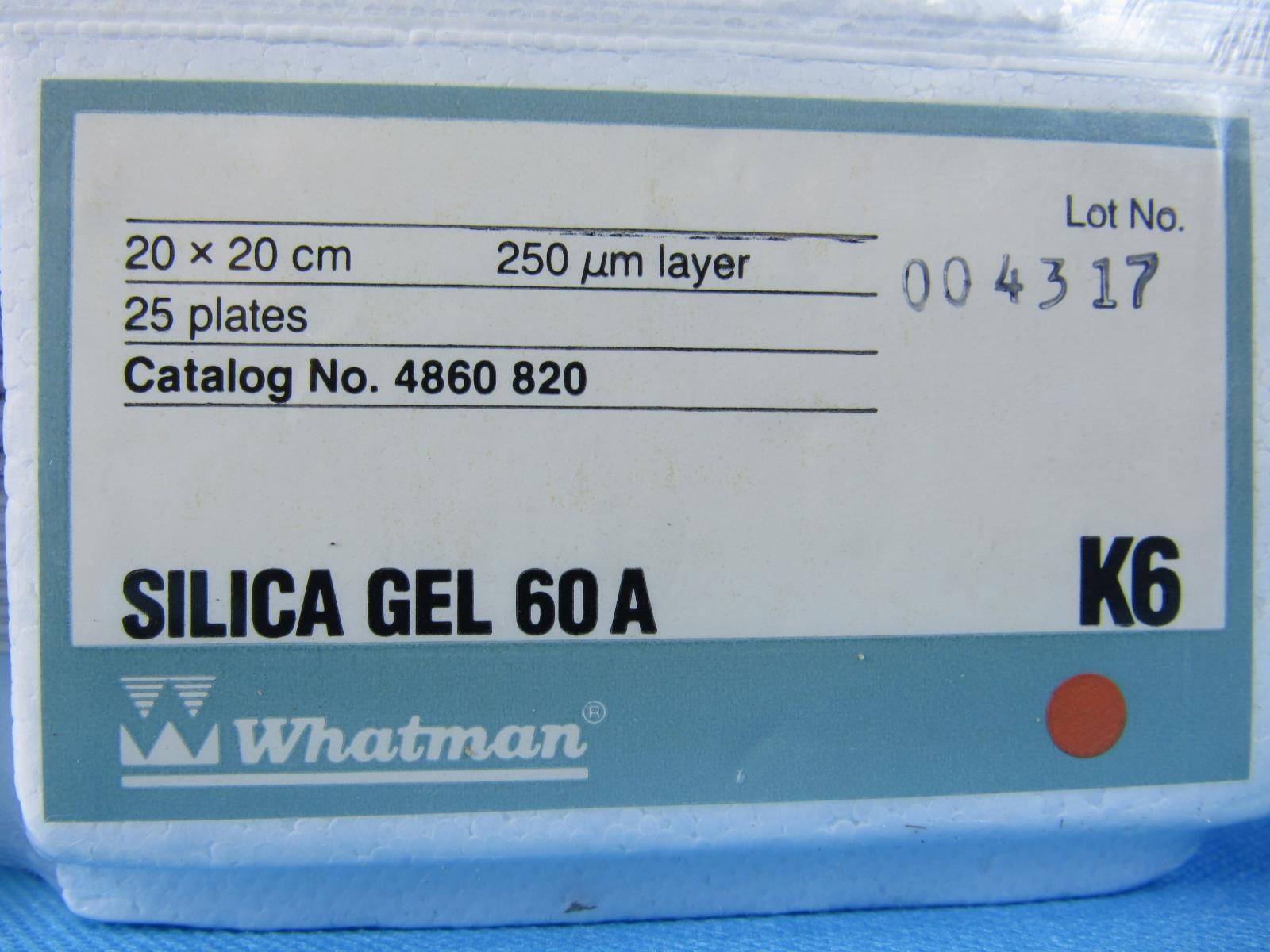 Whatman 4860-820 Chromatography Plate K6 Silica Gel 60A 20 x 20 cm