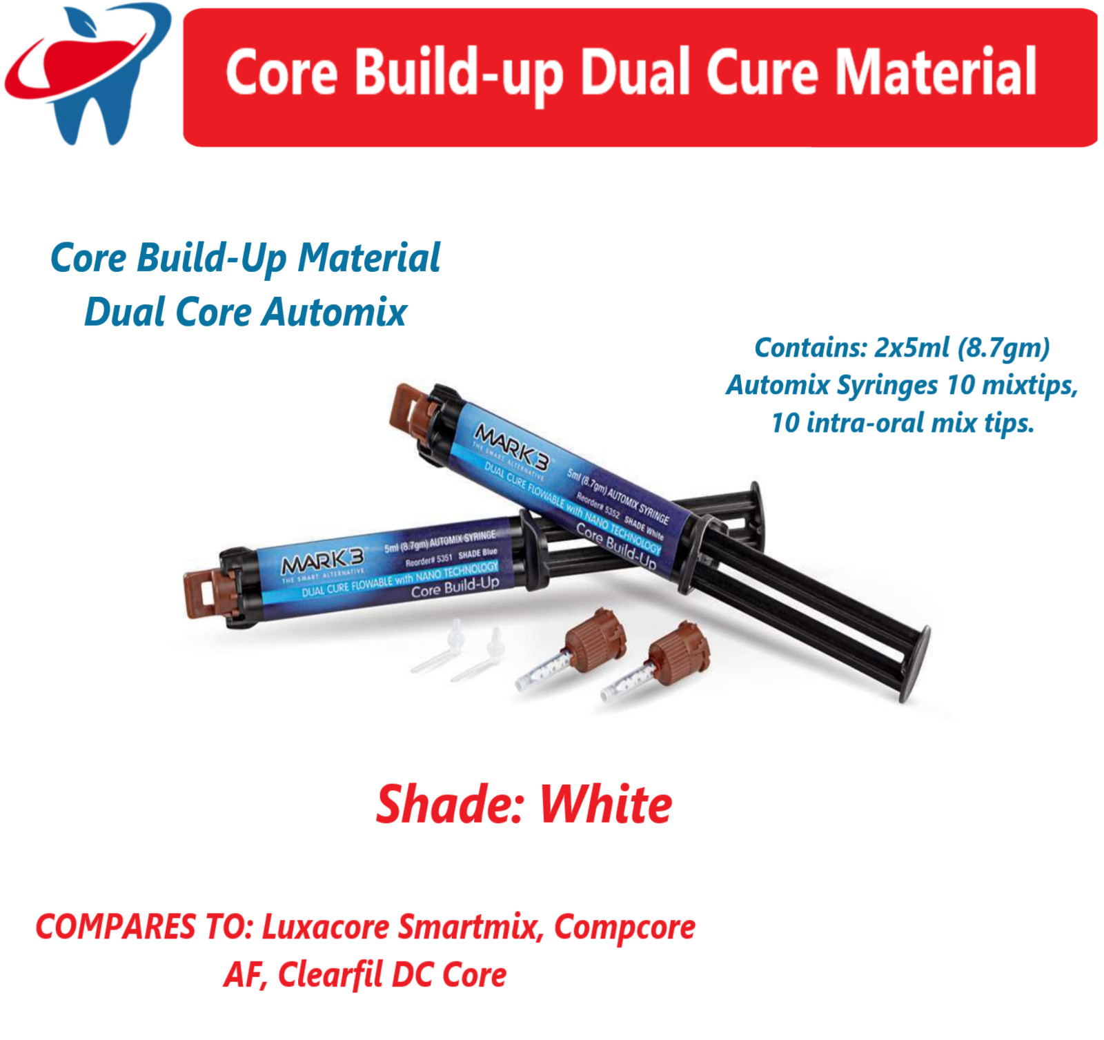 Dental Core Build-Up Dual Cure Automix Shade: White, 1/2 Core Material, Made USA