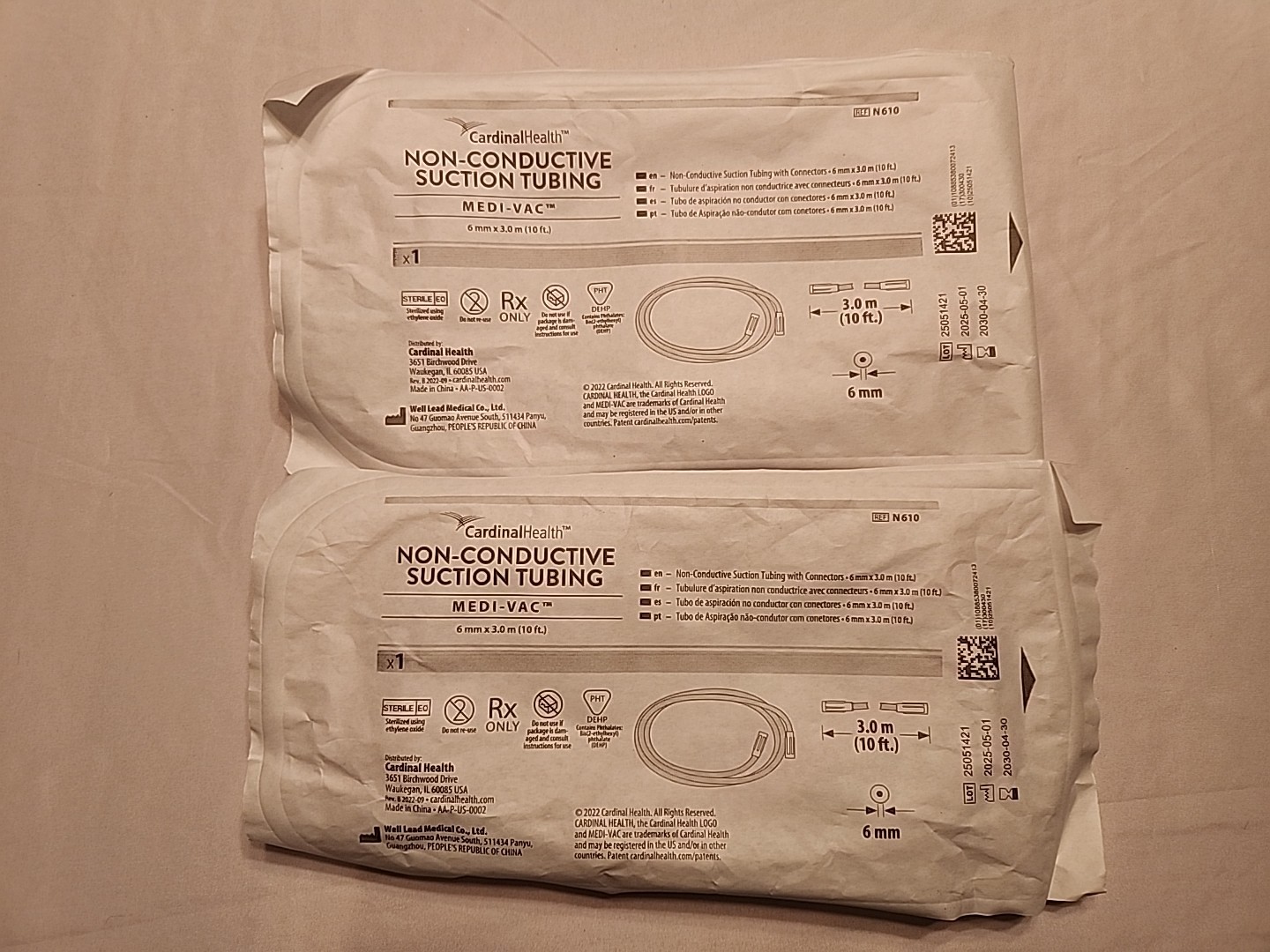 2 Cardinal Health Non-Conductive Suction Tubing MEDI-VAC 6mm x 3.0m 6ft N610