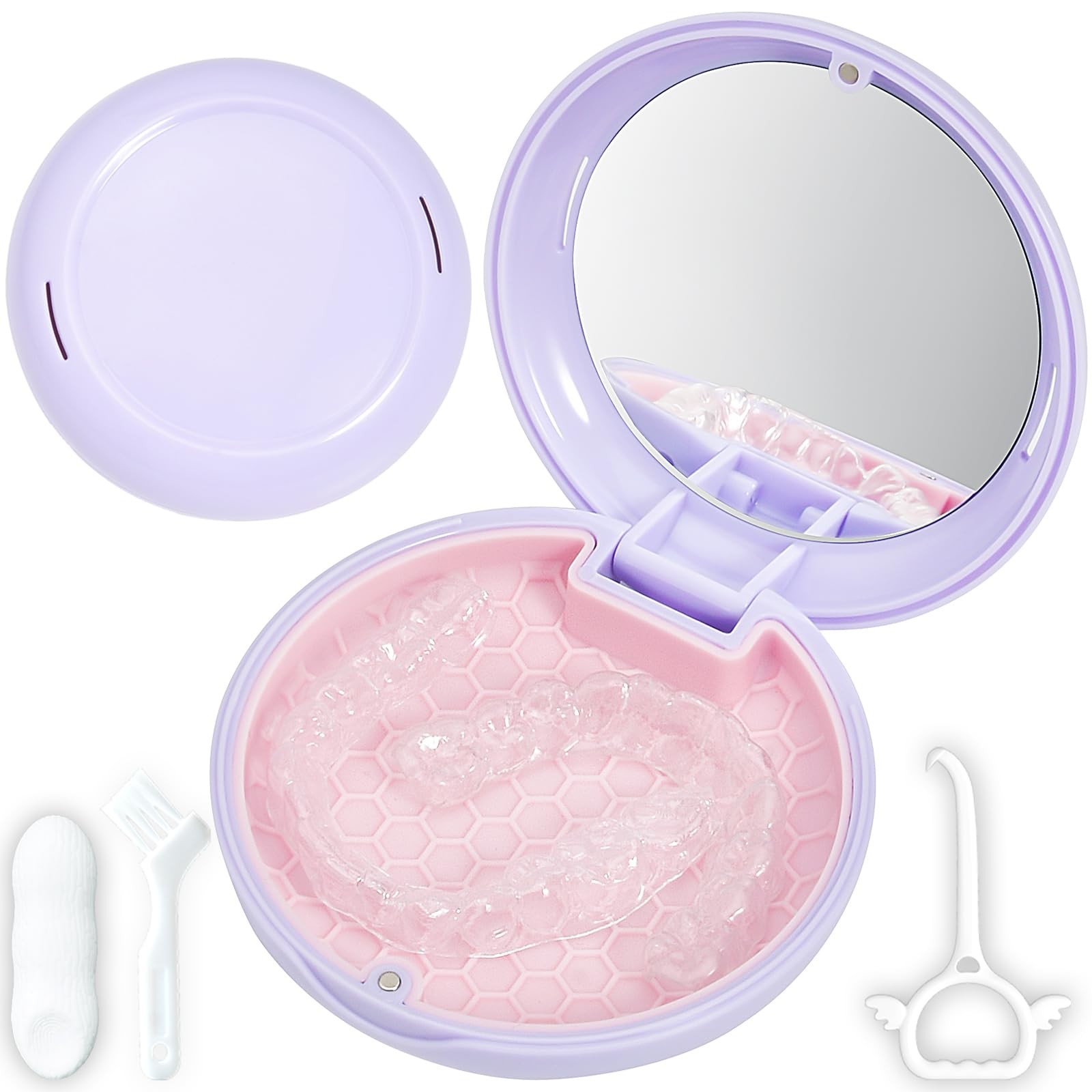 Gaboolo Retainer Case with Mirror,Slim Aligner 3.46×3.46×1.14 Inch, Purple