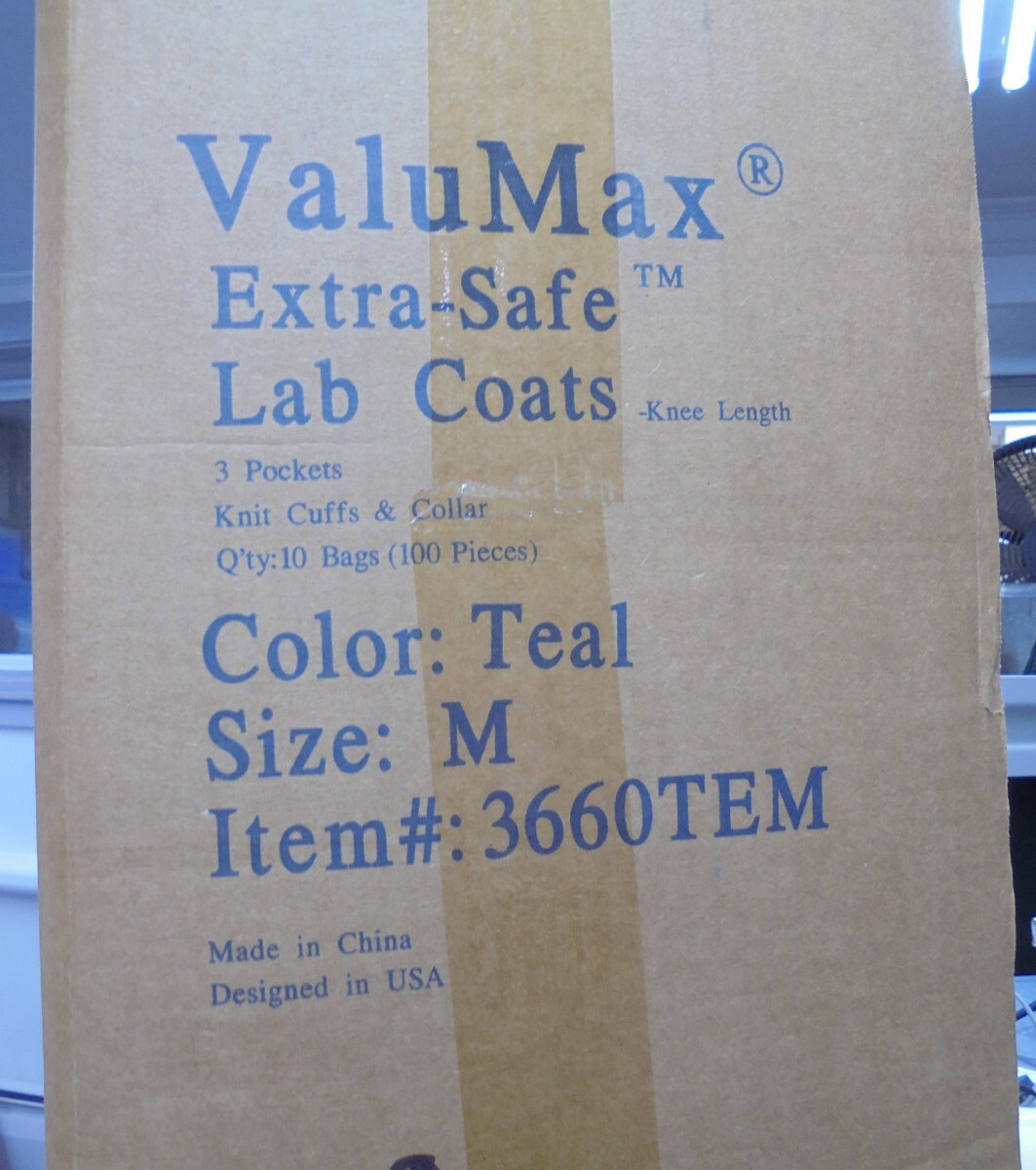 VALUMAX 3660TEM Teal MEDIUM KNEE LENGTH EXTRA SAFE LAB COATS BOX OF 100