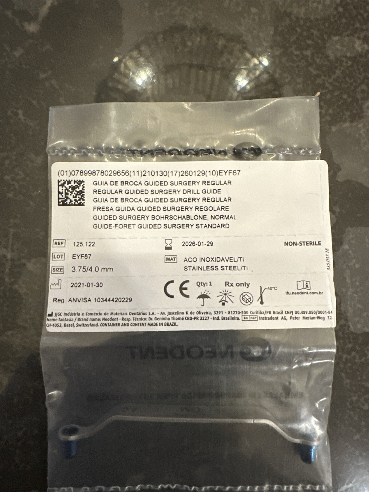 Neodent Implant GM Regular Guided Surgery Drill Guide, Titanium/SS , 3.75/4.0mm