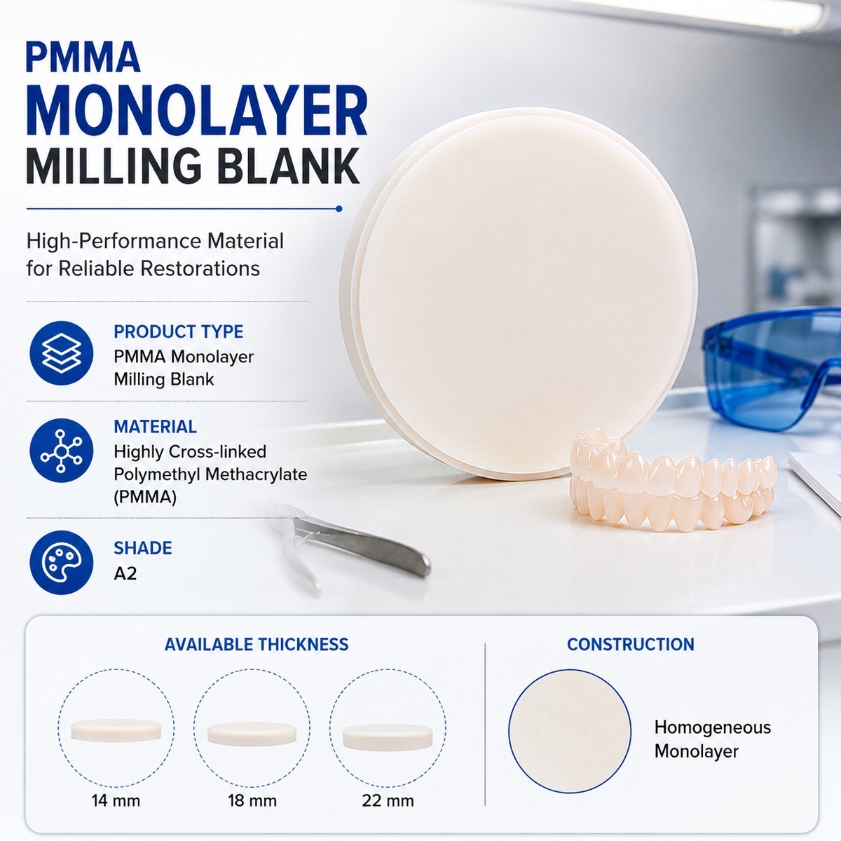 Dental PMMA Monolayer Blanks – A2 Shade – Size 22 mm