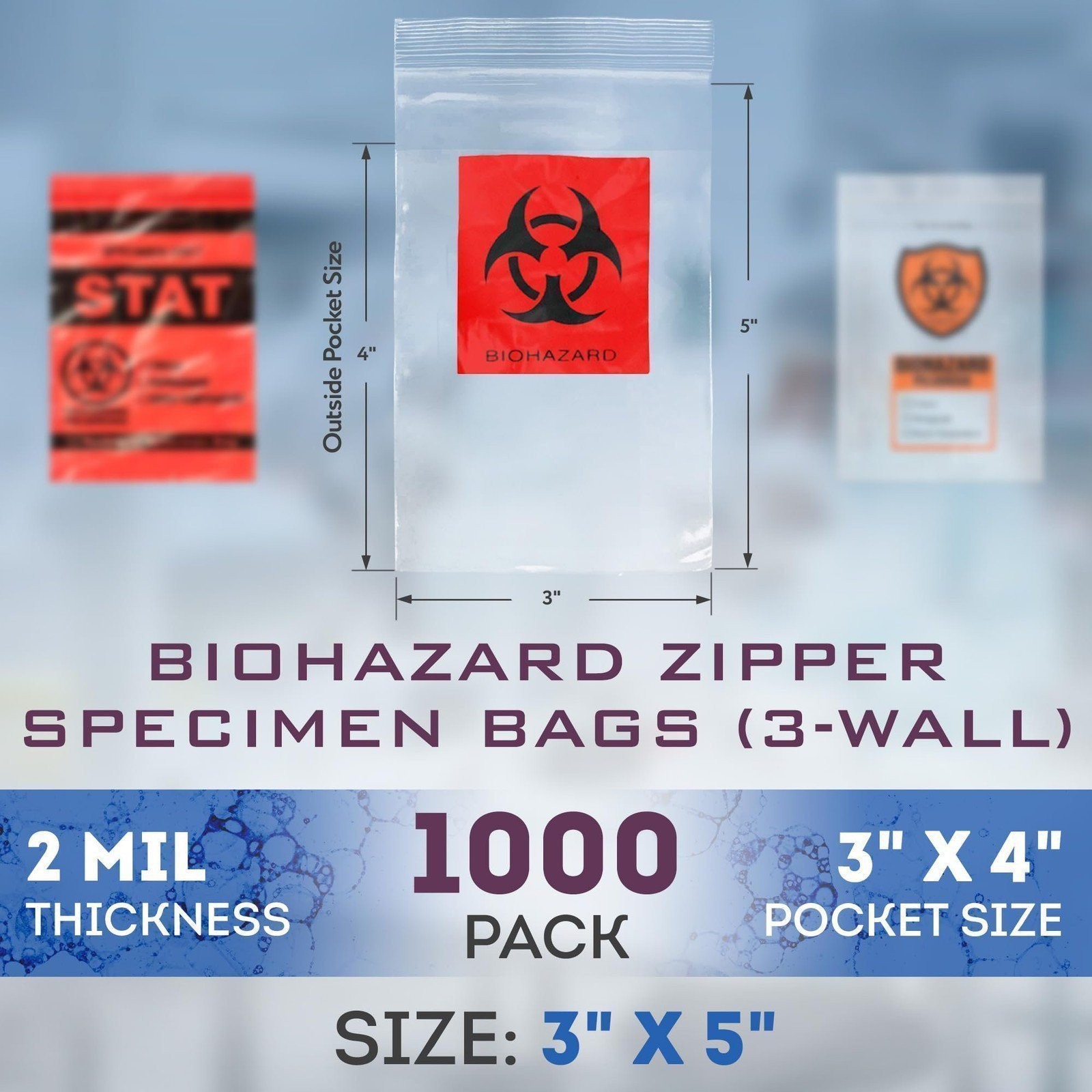 Biohazard Specimen Transport Bags Clear Zipper 2 Mil 1000 Count 3 x 5 in