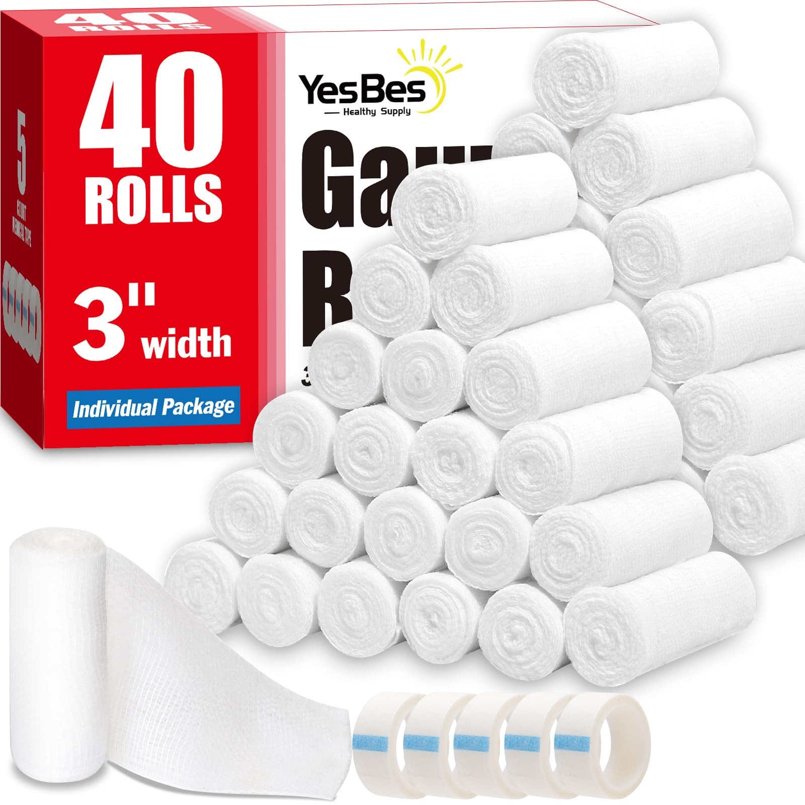 YesBes 40 Pack Gauze Rolls, 3 in x 4.1 Yards, 3 Inch x yards, 40