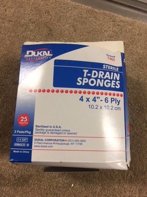 DUKAL T-Drain Sponge Rayon/Poly Blend 4”X4” Sterile Box = 25 pack new open box