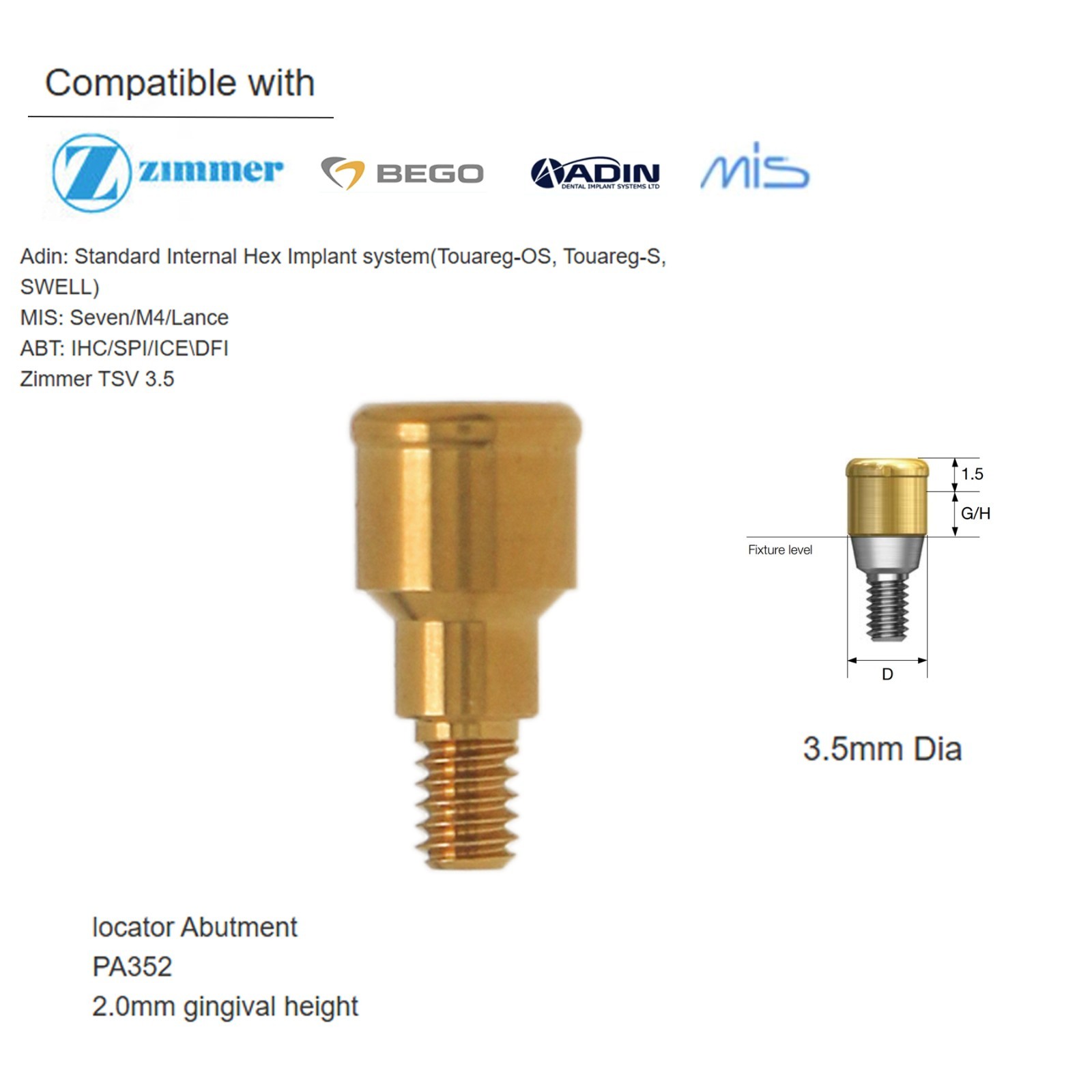 US Zimmer Adin Mis Bego Overdenture locator Abutments &Male Caps Tools For 1-5mm