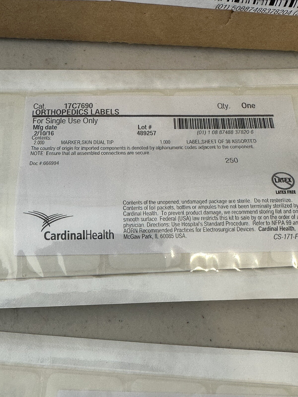 Case Of 49 Cardinal Health Orthopedics Labels Cat 17C7690 Sterile Single Use