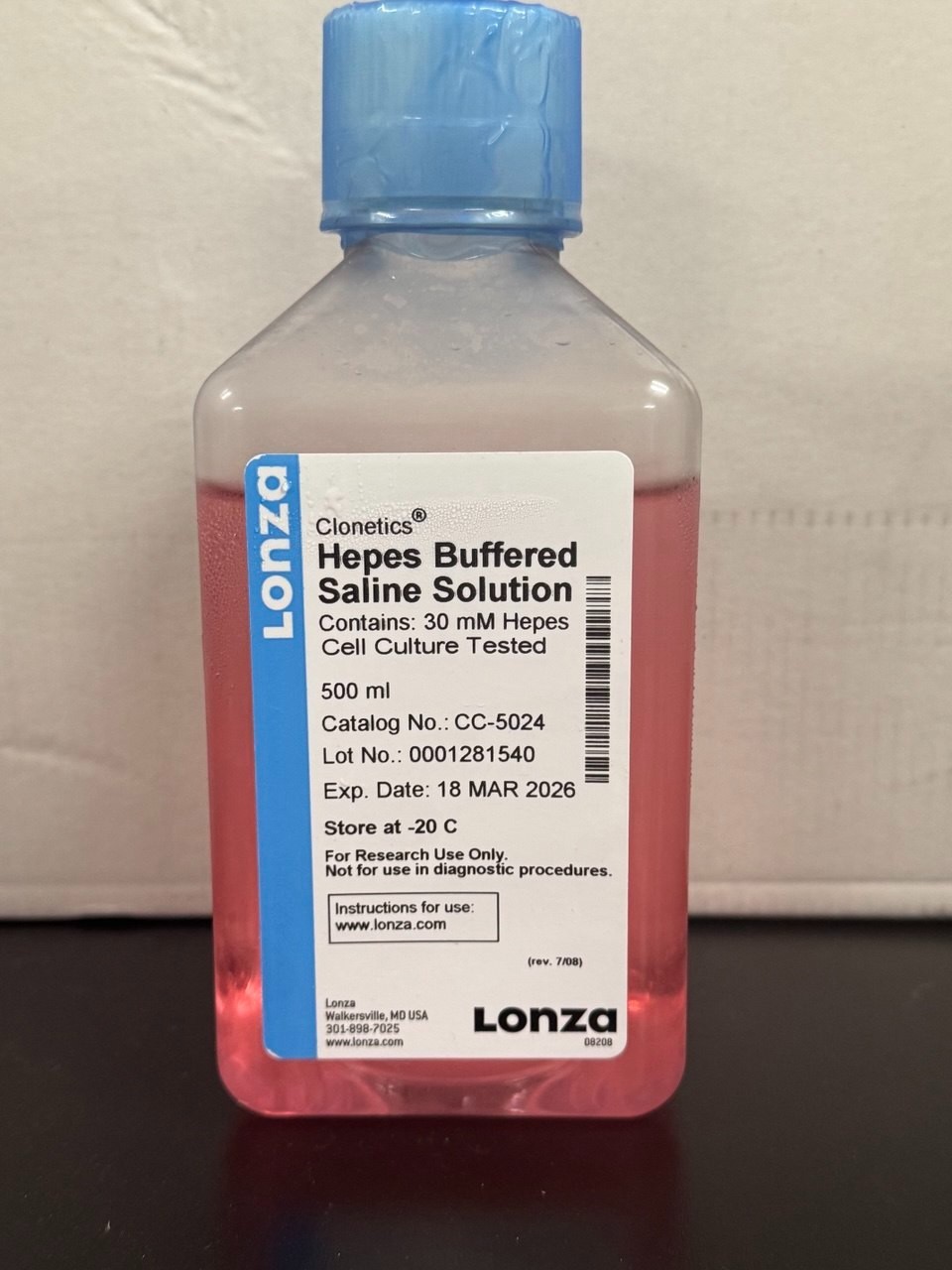 HEPES Buffered Saline Solution, pH7.3, Sterile for cell culture, 500mL, Lonza