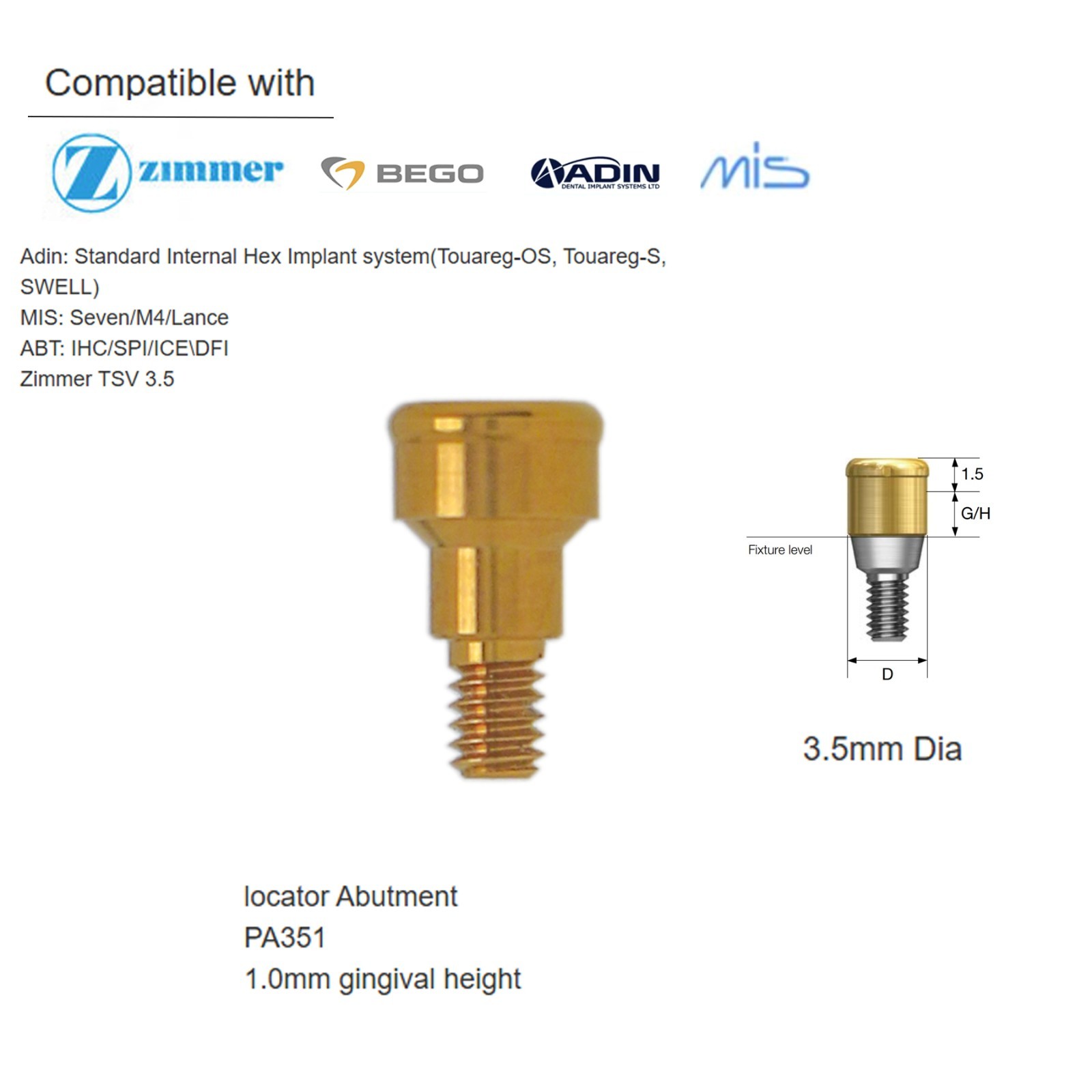 US Zimmer Adin Mis Bego Overdenture locator Abutments &Male Caps Tools For 1-5mm