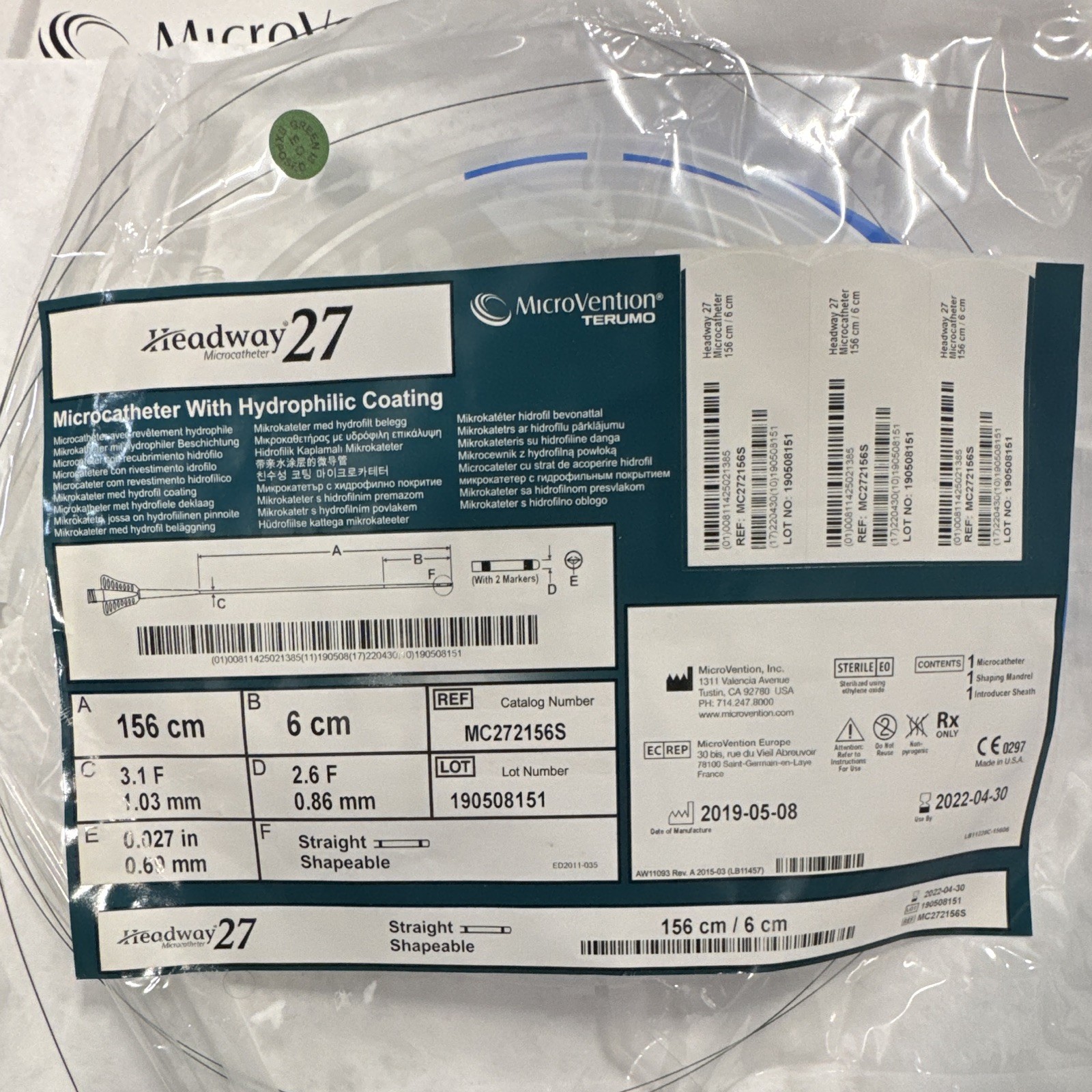 TERUMO MICROVENTION HEADWAY 27 MICROCATHETER WITH HYDROPHILIC (Expired) AS is