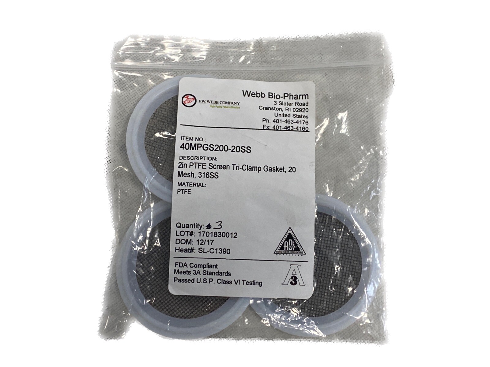 (3) WEBB BIO-PHARM 2” PTFE Screen Tri-Clamp Sanitary Gasket 20-Mesh Stainless