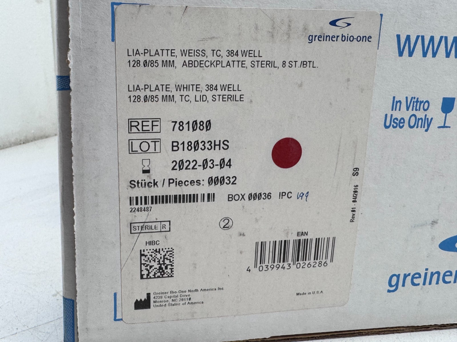 (32/case) Greiner Bio-One 781080 LIA-Plate 384-Well F-BOTTOM Microplate EXPIRED