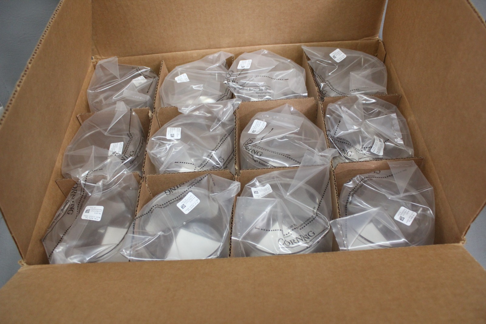 NEW CASE OF 12 CORNING 500ml POLYSTYRENE BOTTLE TOP FILTER 430049