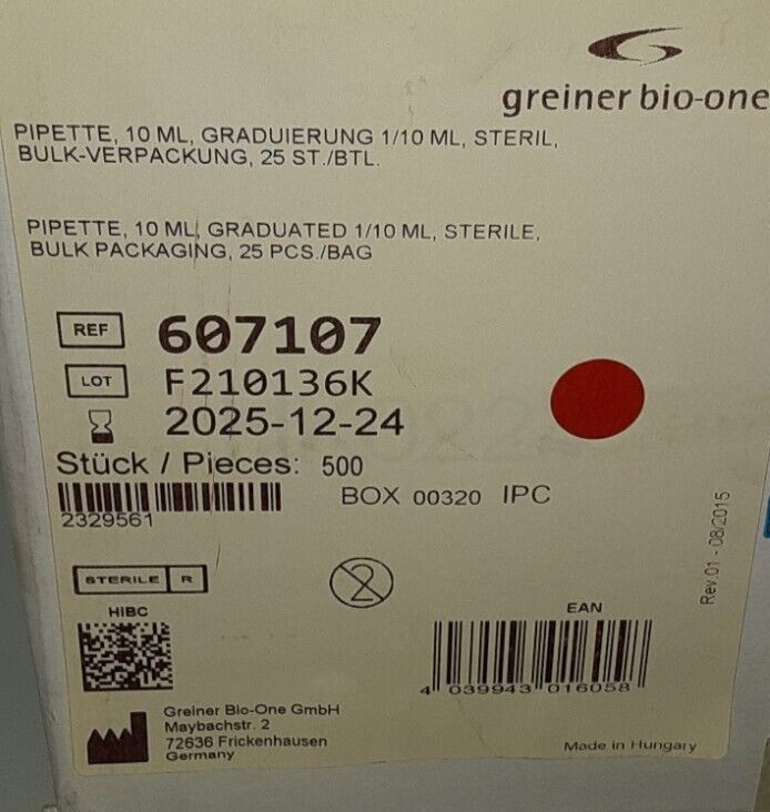 Greiner Bio-One 10ml Pipette, Sterile PKG of (25) 607 107
