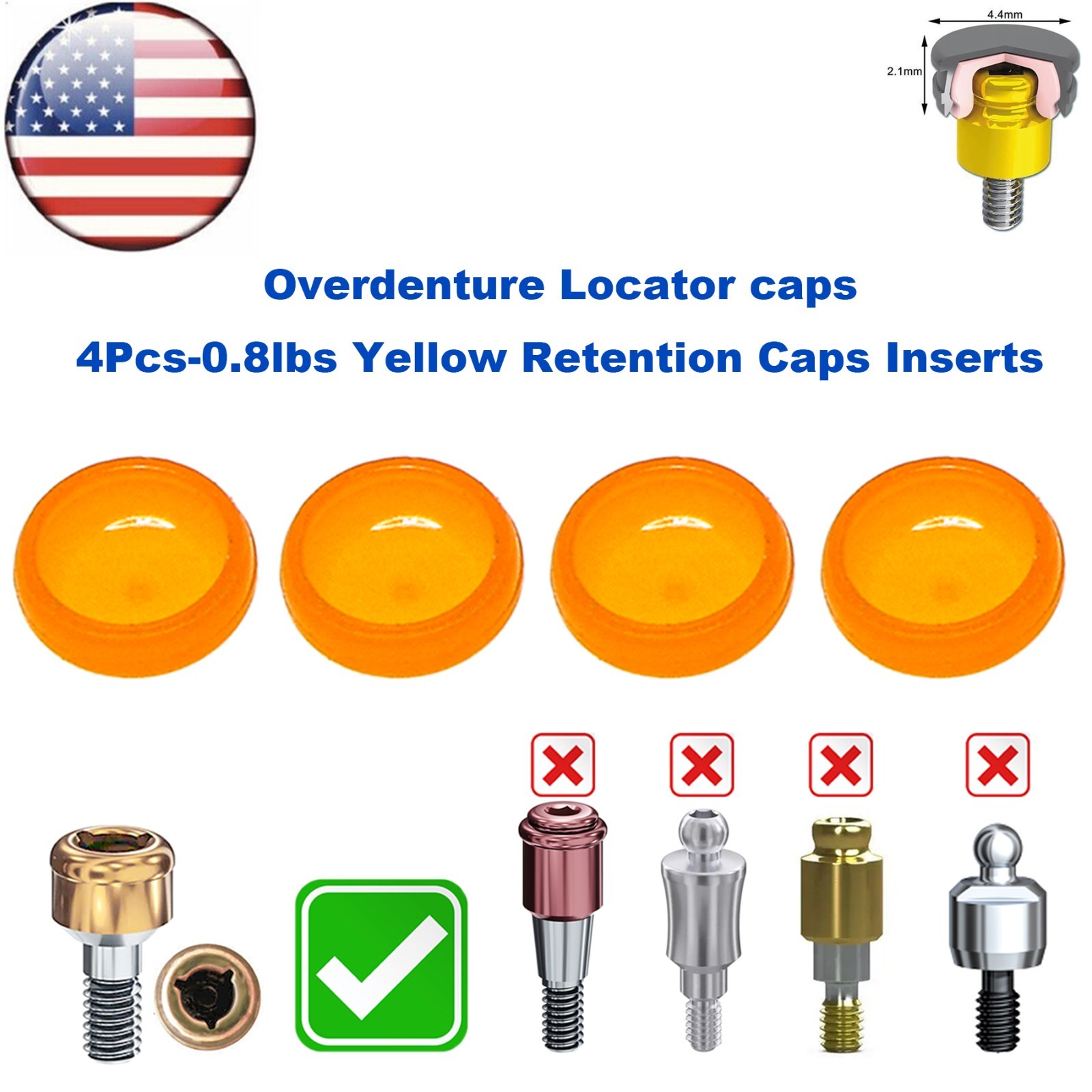 US Dental Locator Overdenture 0.8lbs Soft Retentive Caps Insert Extraction Tool