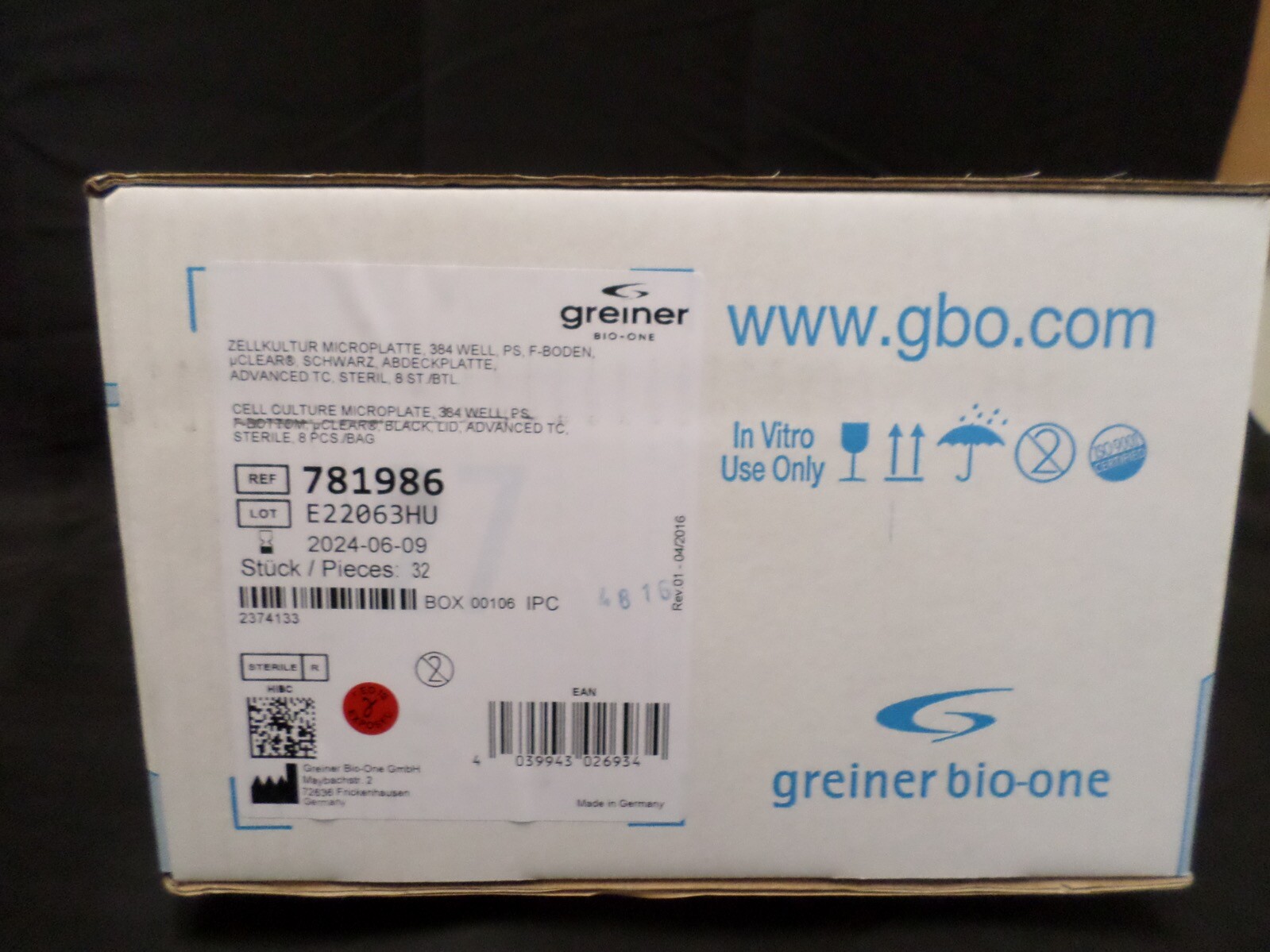 GREINER BIO-ONE 384-Well Cell Culture MicroPlate Advanced TC 781986 (32/Bx)