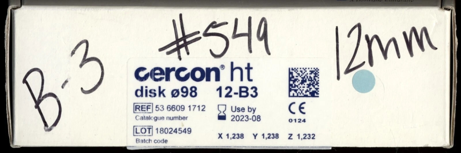 Used Dentsply DeguDent Cercon ht Zirconia Disc Blank 98×12 mm 12-B3 Use by 2023